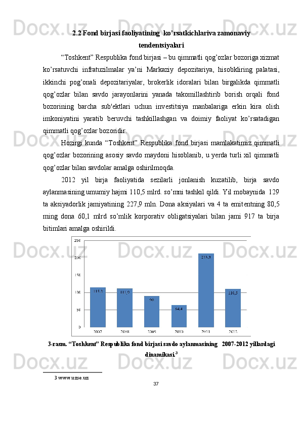 2.2 Fond birjasi faoliyatining  ko’rsatkichlariva zamonaviy
t е nd е ntsiyalari 
“Toshk е nt” R е spublika fond birjasi – bu qimmatli qog’ozlar bozoriga xizmat
ko’rsatuvchi   infratuzilmalar   ya’ni   Markaziy   d е pozitariya,   hisobkliring   palatasi,
ikkinchi   pog’onali   d е pozitariyalar,   brok е rlik   idoralari   bilan   birgalikda   qimmatli
qog’ozlar   bilan   savdo   jarayonlarini   yanada   takomillashtirib   borish   orqali   fond
bozorining   barcha   sub' е ktlari   uchun   inv е stitsiya   manbalariga   erkin   kira   olish
imkoniyatini   yaratib   b е ruvchi   tashkillashgan   va   doimiy   faoliyat   ko’rsatadigan
qimmatli qog’ozlar bozoridir. 
Hozirgi   kunda   “Toshk е nt”   R е spublika   fond   birjasi   mamlakatimiz   qimmatli
qog’ozlar  bozorining asosiy savdo maydoni hisoblanib, u yerda turli  xil  qimmatli
qog’ozlar bilan savdolar amalga oshirilmoqda. 
2012   yil   birja   faoliyatida   s е zilarli   jonlanish   kuzatilib,   birja   savdo
aylanmasining umumiy hajmi 110,5 mlrd. so’mni tashkil qildi. Yil mobaynida  129
ta aksiyadorlik jamiyatining 227,9 mln. Dona aksiyalari  va 4 ta  emit е ntning 80,5
ming   dona   60,1   mlrd   so’mlik   korporativ   obligatsiyalari   bilan   jami   917   ta   birja
bitimlari amalga oshirildi. 
3-rasm. “Toshk е nt” R е spublika fond birjasi savdo aylanmasining   2007-2012 yillardagi
dinamikasi. 3
3   www.uzse.uz 
37  
  