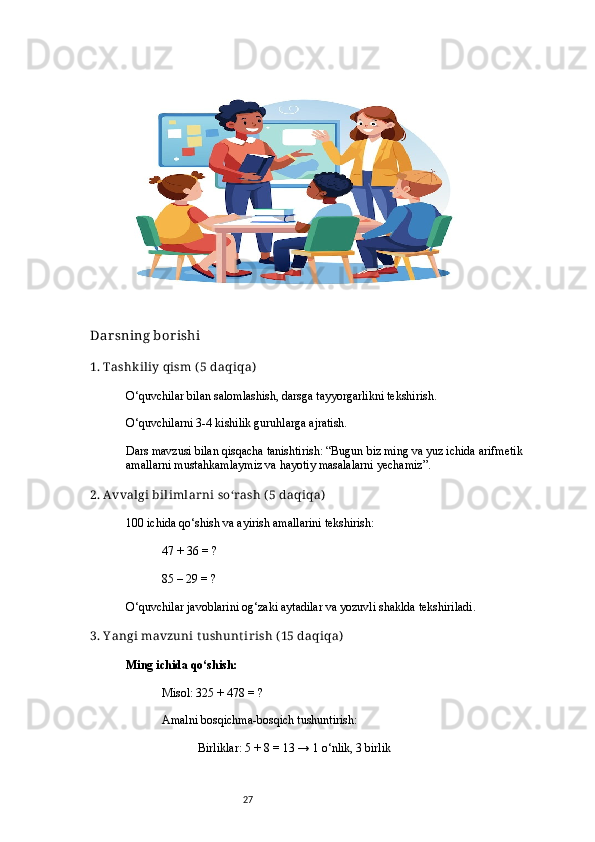 27Dar sning borishi
1. Tashkiliy qism ( 5 daqiqa)
O‘quvchilar bilan salomlashish, darsga tayyorgarlikni tekshirish.
O‘quvchilarni 3-4 kishilik guruhlarga ajratish.
Dars mavzusi bilan qisqacha tanishtirish: “Bugun biz ming va yuz ichida arifmetik 
amallarni mustahkamlaymiz va hayotiy masalalarni yechamiz”.
2. Avvalgi bilimlar ni so‘r ash ( 5 daqiqa)
100 ichida qo‘shish va ayirish amallarini tekshirish:
47 + 36 = ?
85 – 29 = ?
O‘quvchilar javoblarini og‘zaki aytadilar va yozuvli shaklda tekshiriladi.
3. Y angi mavzuni tushunt ir ish ( 15 daqiqa)
Ming ichida qo‘shish:
Misol: 325 + 478 = ?
Amalni bosqichma-bosqich tushuntirish:
Birliklar: 5 + 8 = 13 → 1 o‘nlik, 3 birlik 