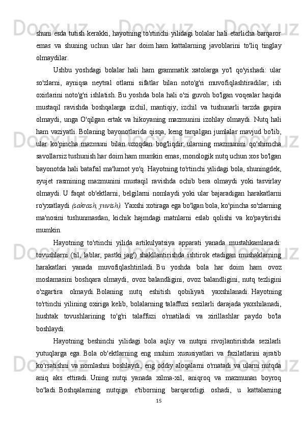 shuni esda tutish kerakki, hayotning to'rtinchi yilidagi bolalar hali etarlicha barqaror
emas   va   shuning   uchun   ular   har   doim   ham   kattalarning   javoblarini   to'liq   tinglay
olmaydilar.
Ushbu   yoshdagi   bolalar   hali   ham   grammatik   xatolarga   yo'l   qo'yishadi:   ular
so'zlarni,   ayniqsa   neytral   otlarni   sifatlar   bilan   noto'g'ri   muvofiqlashtiradilar;   ish
oxirlarini noto'g'ri  ishlatish.   Bu yoshda bola hali  o'zi  guvoh bo'lgan voqealar  haqida
mustaqil   ravishda   boshqalarga   izchil,   mantiqiy,   izchil   va   tushunarli   tarzda   gapira
olmaydi,   unga   O'qilgan   ertak   va   hikoyaning   mazmunini   izohlay   olmaydi.   Nutq   hali
ham vaziyatli.   Bolaning bayonotlarida qisqa, keng tarqalgan jumlalar  mavjud bo'lib,
ular   ko'pincha   mazmuni   bilan   uzoqdan   bog'liqdir;   ularning   mazmunini   qo'shimcha
savollarsiz tushunish har doim ham mumkin emas, monologik nutq uchun xos bo'lgan
bayonotda hali batafsil ma'lumot yo'q.   Hayotning to'rtinchi yilidagi bola, shuningdek,
syujet   rasmining   mazmunini   mustaqil   ravishda   ochib   bera   olmaydi   yoki   tasvirlay
olmaydi.   U   faqat   ob'ektlarni,   belgilarni   nomlaydi   yoki   ular   bajaradigan   harakatlarni
ro'yxatlaydi   (sakrash, yuvish).   Yaxshi xotiraga ega bo'lgan bola, ko'pincha so'zlarning
ma'nosini   tushunmasdan,   kichik   hajmdagi   matnlarni   eslab   qolishi   va   ko'paytirishi
mumkin.
Hayotning   to'rtinchi   yilida   artikulyatsiya   apparati   yanada   mustahkamlanadi:
tovushlarni   (til,   lablar,   pastki   jag')   shakllantirishda   ishtirok   etadigan   mushaklarning
harakatlari   yanada   muvofiqlashtiriladi.   Bu   yoshda   bola   har   doim   ham   ovoz
moslamasini   boshqara   olmaydi,   ovoz   balandligini,   ovoz   balandligini,   nutq   tezligini
o'zgartira   olmaydi.   Bolaning   nutq   eshitish   qobiliyati   yaxshilanadi.   Hayotning
to'rtinchi   yilining   oxiriga   kelib,   bolalarning   talaffuzi   sezilarli   darajada   yaxshilanadi,
hushtak   tovushlarining   to'g'ri   talaffuzi   o'rnatiladi   va   xirillashlar   paydo   bo'la
boshlaydi.
Hayotning   beshinchi   yilidagi   bola   aqliy   va   nutqni   rivojlantirishda   sezilarli
yutuqlarga   ega.   Bola   ob'ektlarning   eng   muhim   xususiyatlari   va   fazilatlarini   ajratib
ko'rsatishni  va nomlashni  boshlaydi, eng oddiy aloqalarni o'rnatadi  va ularni  nutqda
aniq   aks   ettiradi.   Uning   nutqi   yanada   xilma-xil,   aniqroq   va   mazmunan   boyroq
bo'ladi.   Boshqalarning   nutqiga   e'tiborning   barqarorligi   oshadi,   u   kattalarning
15 