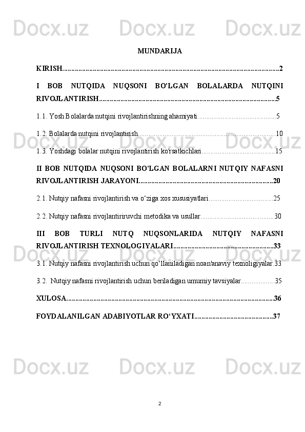 MUNDARIJA
KIRISH.........................................................................................................................2
I   BOB   NUTQIDA   NUQSONI   BO’LGAN   BOLALARDA   NUTQINI
RIVOJLANTIRISH...................................................................................................5
1.1. Yosh Bolalarda nutqini rivojlantirishning ahamiyati............................................5
1.2. Bolalarda nutqini rivojlantirish.............................................................................10
1.3. Yoshdagi bolalar nutqini rivojlantirish ko'rsatkichlari.........................................15
II   BOB   NUTQIDA   NUQSONI   BO'LGAN   BOLALARNI   NUTQIY   NAFASNI
RIVOJLANTIRISH JARAYONI...........................................................................20
2.1. Nutqiy nafasni rivojlantirish va o‘ziga xos xususiyatlari....................................25
2.2. Nutqiy nafasni rivojlantiriruvchi metodika va usullar.........................................30
III   BOB   TURLI   NUTQ   NUQSONLARIDA   NUTQIY   NAFASNI
RIVOJLANTIRISH TEXNOLOGIYALARI........................................................33
3.1. Nutqiy nafasni rivojlantirish uchun qo‘llaniladigan noan'anaviy texnoligiyalar.33
3.2.  Nutqiy nafasni rivojlantirish uchun beriladigan umumiy tavsiyalar...................35
XULOSA....................................................................................................................36
FOYDALANILGAN ADABIYOTLAR RO‘YXATI............................................37
2 