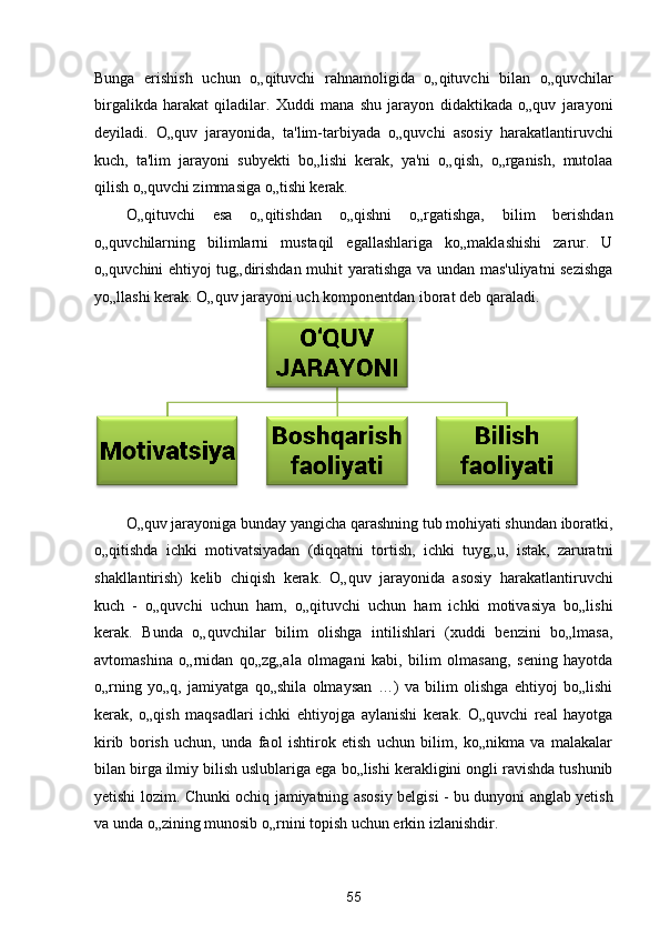 Bunga   erishish   uchun   o„qituvchi   rahnamoligida   o„qituvchi   bilan   o„quvchilar
birgalikda   harakat   qiladilar.   Xuddi   mana   shu   jarayon   didaktikada   o„quv   jarayoni
deyiladi.   O„quv   jarayonida,   ta'lim-tarbiyada   o„quvchi   asosiy   harakatlantiruvchi
kuch,   ta'lim   jarayoni   subyekti   bo„lishi   kerak,   ya'ni   o„qish,   o„rganish,   mutolaa
qilish o„quvchi zimmasiga o„tishi kerak. 
O„qituvchi   esa   o„qitishdan   o„qishni   o„rgatishga,   bilim   berishdan
o„quvchilarning   bilimlarni   mustaqil   egallashlariga   ko„maklashishi   zarur.   U
o„quvchini ehtiyoj tug„dirishdan muhit yaratishga va undan mas'uliyatni sezishga
yo„llashi kerak.  O„quv jarayoni uch komponentdan iborat deb qaraladi. 
O„quv jarayoniga bunday yangicha qarashning tub mohiyati shundan iboratki,
o„qitishda   ichki   motivatsiyadan   (diqqatni   tortish,   ichki   tuyg„u,   istak,   zaruratni
shakllantirish)   kelib   chiqish   kerak.   O„quv   jarayonida   asosiy   harakatlantiruvchi
kuch   -   o„quvchi   uchun   ham,   o„qituvchi   uchun   ham   ichki   motivasiya   bo„lishi
kerak.   Bunda   o„quvchilar   bilim   olishga   intilishlari   (xuddi   benzini   bo„lmasa,
avtomashina   o„rnidan   qo„zg„ala   olmagani   kabi,   bilim   olmasang,   sening   hayotda
o„rning   yo„q,   jamiyatga   qo„shila   olmaysan   …)   va   bilim   olishga   ehtiyoj   bo„lishi
kerak,   o„qish   maqsadlari   ichki   ehtiyojga   aylanishi   kerak.   O„quvchi   real   hayotga
kirib   borish   uchun,   unda   faol   ishtirok   etish   uchun   bilim,   ko„nikma   va   malakalar
bilan birga ilmiy bilish uslublariga ega bo„lishi kerakligini ongli ravishda tushunib
yetishi lozim. Chunki ochiq jamiyatning asosiy belgisi - bu dunyoni anglab yetish
va unda o„zining munosib o„rnini topish uchun erkin izlanishdir. 
55  
  