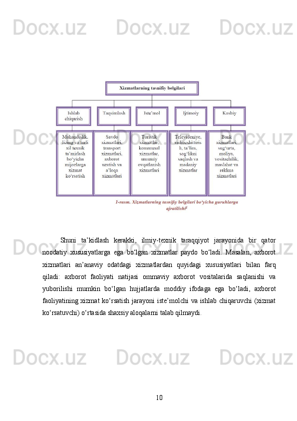 Shuni   ta’kidlash   kerakki,   ilmiy-texnik   taraqqiyot   jarayonida   bir   qator
noodatiy   xususiyatlarga   ega   bo‘lgan   xizmatlar   paydo   bo‘ladi.   Masalan,   axborot
xizmatlari   an’anaviy   odatdagi   xizmatlardan   quyidagi   xususiyatlari   bilan   farq
qiladi:   axborot   faoliyati   natijasi   ommaviy   axborot   vositalarida   saqlanishi   va
yuborilishi   mumkin   bo‘lgan   hujjatlarda   moddiy   ifodaga   ega   bo‘ladi,   axborot
faoliyatining xizmat  ko‘rsatish jarayoni  iste’molchi  va ishlab chiqaruvchi (xizmat
ko‘rsatuvchi) o‘rtasida shaxsiy aloqalarni talab qilmaydi.
10 