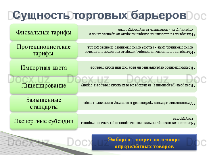 •Импортные пошлины на товары, которые не производятся в 
стране, цель - пополнить казну государства.Фискальные тарифы
•Импортные пошлины на товары, которые являются аналогами 
отечественных, цель - защита отечественного производителя.
Протекционистские 
тарифы 
•Количественное ограничение на ввоз тех или иных товаров.
Импортная квота
•Контроль (разрешение) за импортом отдельных товаров в страну.
Лицензирование
•Установление жёстких требований к качеству ввозимого товара.
Завышенные 
стандарты
•Финансовая помощь отечественным производителям со стороны 
государства.
Экспортные субсидииСущность торговых барьеров
Эмбарго - запрет на импорт 
определённых товаров                        