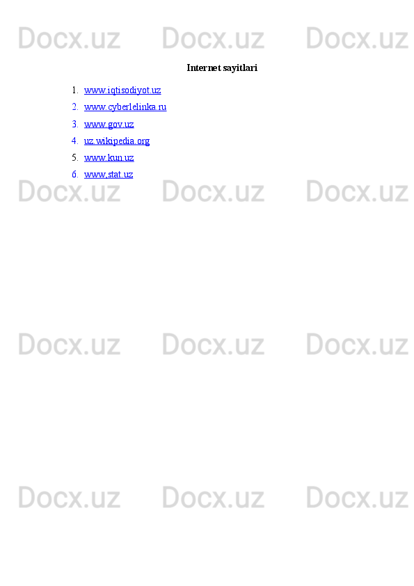 Internet sayitlari
1. www.iqtisodiyot.uz   
2. www.cyberlelinka.ru   
3. www.gov.uz   
4. uz.wikipedia.org   
5. www.kun.uz   
6. www,stat.u    z   