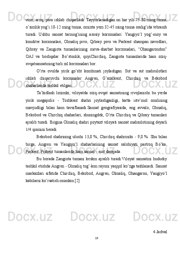 vino, aroq, pivo ishlab chiqariladi. Tayyorlanadigan un har yili 75-80 ming tonna,
o’simlik yog’i 10-12 ming tonna, omixta yem 32-45 ming tonna oralig’ida tebranib
turadi.   Ushbu   sanoat   tarmog’ining   asosiy   korxonalari:   Yangiyo’l   yog’-moy   va
konditer   korxonalari,   Olmaliq   pivo,   Qibray   pivo   va   Parkent   shampan   zavodlari,
Qibray   va   Zangiota   tumanlarining   meva-sharbat   korxonalari,   “Ohangarondon”
OAJ   va   boshqalar.   Bo’stonlik,   quyiChirchiq,   Zangiota   tumanlarida   ham   oziq-
ovqatsanoatining turli xil korxonalari bor. 
O’rta   ovulda   yirik   go’sht   kombinati   joylashgan.   Sut   va   sut   mahsulotlari
ishlab   chiqaruvchi   korxonalar   Angren,   G’azalkent,   Chirchiq   va   Bekobod
shaharlarida tashkil etilgan. 
Ta’kidlash   lozimki,   viloyatda   oziq-ovqat   sanoatining   rivojlanishi   bu   yerda
yirik   megapolis   -   Toshkent   shahri   joylashganligi,   katta   iste’mol   omilining
mavjudligi   bilan   ham   tavsiflanadi.Sanoat   geografiyasida,   eng   avvalo,   Olmaliq,
Bekobod va Chirchiq shaharlari, shuningdek, O’rta Chirchiq va Qibray tumanlari
ajralib turadi. Birgina Olmaliq shahri poytaxt viloyati sanoat mahsulotining deyarli
1/4 qismini beradi. 
Bekobod   shahrining   ulushi   13,0   %,   Chirchiq   shahriniki   -   9,0   %.   Shu   bilan
birga,   Angren   va   Yangiyo’l   shaharlarining   sanoat   salohiyati   pastroq   Bo’ka,
Parkent, Piskent tumanlarida ham sanoat - sust darajada. 
Bu   borada   Zangiota   tumani   keskin   ajralib   turadi.Viloyat   sanoatini   hududiy
tashkil etishda Angren - Olmaliq tog’-kon rayoni yaqqol ko’zga tashlanadi. Sanoat
markazlari   sifatida   Chirchiq,   Bekobod,   Angren,   Olmaliq,   Ohangaron,   Yangiyo’l
kabilarni ko’rsatish mumkin.[2]
4-Jadval
19 