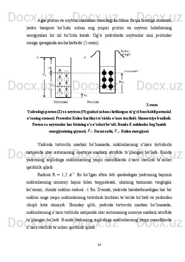 Agar proton va neytron massalari orasidagi kichkina farqni hisobga olmasak,
yadro   barqaror   bo’lishi   uchun   eng   yuqori   proton   va   neytron   holatlarning
energiyalari   bir   xil   bo’lishi   kerak.   Og’ir   yadrolarda   neytronlar   soni   protonlar
soniga qaraganda ancha kattadir (2-rasm).
               2-rasm 
Yadrodagi proton (Z) va neytron (N) gazlari uchun cheklangan to’g’ri burchakli potensial
o’raning sxemasi. Protonlar Kulon kuchlari ta’sirida o’zaro itariladi. Simmetriya buziladi.
Proton va neytronlar har birining o’z o’ralari bo’adi. Bunda E nuklonlar bog’lanish
energiyasining qiymati, EF - Fermi sathi, 	EK - Kulon energiyasi.
Yadroda   tortuvchi   markaz   bo’lmasada,   nuklonlarning   o’zaro   tortishishi
natijasida   ular   sistemaning   inertsiya   markazi   atrofida   to’plangan   bo’ladi.   Bunda
yadroning   siqilishiga   nuklonlarning   yaqin   masofalarda   o’zaro   itarilish   ta’sirlari
qarshilik qiladi.
Radiusi   R   =   1,2  
A 1 / 3
  fm   bo’lgan   sfera   deb   qaraladigan   yadroning   hajmini
nuklonlarning   umumiy   hajmi   bilan   taqqoslasak,   ularning   taxminan   tengligini
ko’ramiz,  chunki  nuklon  radiusi  -1 fm. Demak,  yadroda  harakatlanadigan  har   bir
nuklon unga yaqin nuklonlarning tortishish kuchlari  ta’sirida bo’ladi va yadrodan
chiqib   keta   olmaydi.   Shunday   qilib,   yadroda   tortuvchi   markaz   bo’lmasada,
nuklonlarning o’zaro tortilishi natijasida ular sistemaning inersiya markazi atrofida
to’plangan   bo’ladi.   Bunda   yadroning   siqilishiga   nuklonlarning   yaqin   masofalarda
o’zaro itarilish ta’sirlari qarshilik qiladi.
14 