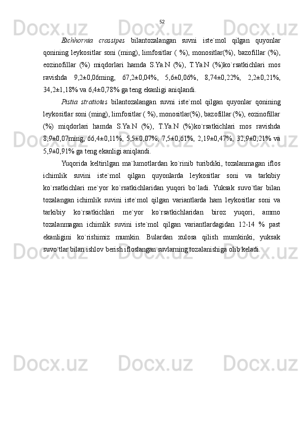 52
Eichhornia   crassipes   bilan tozalangan   suvni   iste`mol   qilgan   quyonlar
qonining   leykositlar   soni   (ming),   limfositlar   (   %),   monositlar(%),   bazofillar   (%),
eozinofillar   (%)   miqdorlari   hamda   S.Ya.N   (%),   T.Ya.N   (%)ko`rsatkichlari   mos
ravishda   9,2±0,06 ming,   67,2±0,04 %,   5,6±0,06 %,   8,74±0,22 %,   2,2±0,21 %,
34,2±1,18 % va  6,4±0,78 % ga teng ekanligi aniqlandi.
Pistia   stratiotes   bilan tozalangan   suvni   iste`mol   qilgan   quyonlar   qonining
leykositlar soni (ming), limfositlar ( %), monositlar(%), bazofillar (%), eozinofillar
(%)   miqdorlari   hamda   S.Ya.N   (%),   T.Ya.N   (%)ko`rsatkichlari   mos   ravishda
8,9±0,07 ming,   66,4±0,11 %,   5,5±0,07 %,   7,5±0,61 %,   2,19±0,47 %,   32,9±0,21 %   va
5,9±0,91 % ga teng ekanligi aniqlandi.
Yuqorida   keltirilgan   ma`lumotlardan   ko`rinib   turibdiki,   tozalanmagan   iflos
ichimlik   suvini   iste`mol   qilgan   quyonlarda   leykositlar   soni   va   tarkibiy
ko`rsatkichlari   me`yor   ko`rsatkichlaridan   yuqori   bo`ladi.   Yuksak   suvo`tlar   bilan
tozalangan   ichimlik   suvini   iste`mol   qilgan   variantlarda   ham   leykositlar   soni   va
tarkibiy   ko`rsatkichlari   me`yor   ko`rsatkichlaridan   biroz   yuqori,   ammo
tozalanmagan   ichimlik   suvini   iste`mol   qilgan   variantlardagidan   12-14   %   past
ekanligini   ko`rishimiz   mumkin.   Bulardan   xulosa   qilish   mumkinki,   yuksak
suvo`tlar bilan ishlov berish ifloslangan suvlarning tozalanishiga olib keladi. 