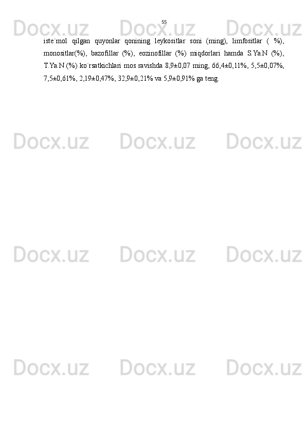 55
iste`mol   qilgan   quyonlar   qonining   leykositlar   soni   (ming),   limfositlar   (   %),
monositlar(%),   bazofillar   (%),   eozinofillar   (%)   miqdorlari   hamda   S.Ya.N   (%),
T.Ya.N (%) ko`rsatkichlari mos ravishda 8,9±0,07   ming,   66,4±0,11 %,   5,5±0,07 %,
7,5±0,61 %,  2,19±0,47 %,  32,9±0,21 % va  5,9±0,91 % ga teng. 