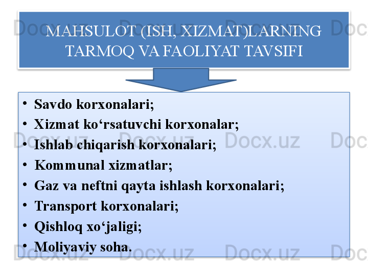 MAHSULOT (ISH, XIZMAT)LARNING 
TARMOQ VA FAOLIYAT TAVSIFI
•
Savdo korxonalari ;
•
Xizmat ko‘rsatuvchi korxonalar ;
•
Ishlab chiqarish korxonalari ;
•
Kommunal xizmatlar ;
•
Gaz va neftni qayta ishlash korxonalari ;
•
Transport korxonalari ;
•
Qishloq xo‘jaligi ;
•
Moliyaviy soha .