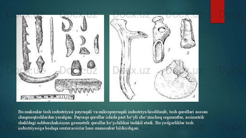 Bu makonlar tosh industriyasi payraqali va mikropayraqali industriya hisoblanib, tosh qurollari asosan 
chaqmoqtoshlardan yasalgan. Payraqa qurollar ichida past bo‘yli cho‘zinchoq segmentlar, assimetrik 
shakldagi uchburchaksimon geometrik qurollar ko‘pchilikni tashkil etadi. Bu yodgorliklar tosh 
industriyasiga boshqa mutaxassislar ham munosabat bildirishgan.   