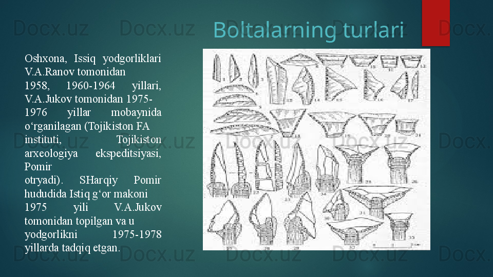 Oshxona,  Issiq  yodgorliklari 
V.A.Ranov tomonidan 
1958,  1960-1964  yillari, 
V.A.Jukov tomonidan 1975-
1976  yillar  mobaynida 
o‘rganilagan (Tojikiston FA 
instituti,  Tojikiston 
arxeologiya  ekspeditsiyasi, 
Pomir 
otryadi).  SHarqiy  Pomir 
hududida Istiq g‘or makoni 
1975  yili  V.A.Jukov 
tomonidan topilgan va u 
yodgorlikni  1975-1978 
yillarda tadqiq etgan. Boltalarning turlari   