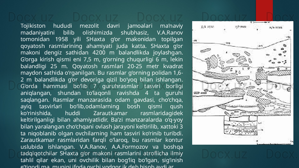 Tojikiston  hududi  mezolit  davri  jamoalari  ma’naviy 
madaniyatini  bilib  olishimizda  shubhasiz,  V.A.Ranov 
tomonidan  1958  yili  SHaxta  g‘or  makonidan  topilgan 
qoyatosh  rasmlarining  ahamiyati  juda  katta.  SHaxta  g‘or 
makoni  dengiz  sathidan  4200  m  balandlikda  joylashgan. 
G‘orga  kirish  qismi  eni  7,5  m,  g‘orning  chuqurligi  6  m,  lekin 
balandligi  25  m.  Qoyatosh  rasmlari  20-25  metr  kvadrat 
maydon sathida o‘rganilgan. Bu rasmlar g‘orning polidan 1,6-
2  m  balandlikda  g‘or  devoriga  qizil  bo‘yoq  bilan  ishlangan. 
G‘orda  hammasi  bo‘lib  7  guruhrasmlar  tasviri  borligi 
aniqlangan,  shundan  to‘laqonli  ravishda  4  ta  guruhi 
saqlangan.  Rasmlar  manzarasida  odam  gavdasi,  cho‘chqa, 
ayiq  tasvirlari  bo‘lib,odamlarning  bosh  qismi  qush 
ko‘rinishida,  huddi  Zarautkamar  rasmlaridagidek 
keltirilganligi  bilan  ahamiyatlidir.  Ba’zi  manzaralarda  o‘q-yoy 
bilan yaralangan cho‘chqani ovlash jarayoni keltirilib, xattoki 3 
ta  niqoblanib  olgan  ovchilarning  ham  tasviri  ko‘rinib  turibdi. 
Zarautkamar  rasmlaridan  farqli  o‘laroq,  bu  rasmlar  kontur 
uslubida  ishlangan.  V.A.Ranov,  A.A.Formozov  va  boshqa 
tadqiqotchilar  SHaxta  g‘or  makoni  rasmlarini  atroflicha  ilmiy 
tahlil  qilar  ekan,  uni  ovchilik  bilan  bog‘liq  bo‘lgan,  sig‘inish 
e’tiqodi mazmunini ifodalovchi yodgorlik deb hisoblaydilar.   