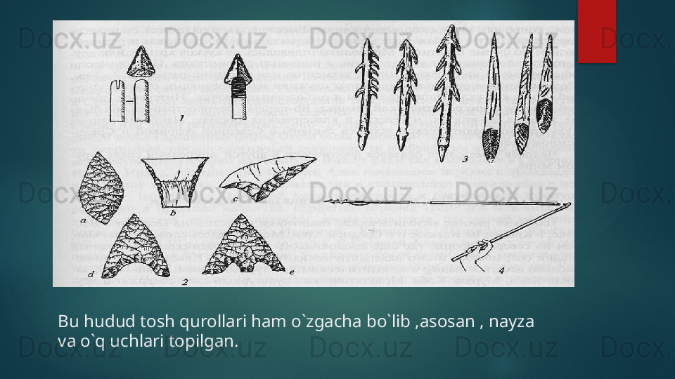 Bu hudud tosh qurollari ham o`zgacha bo`lib ,asosan , nayza 
va o`q uchlari topilgan.   