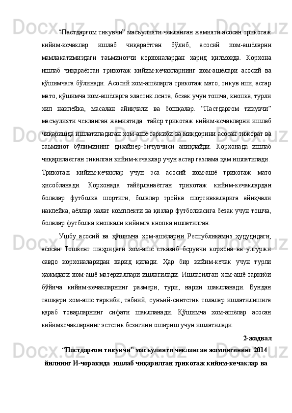 “Пастдарғом тикувчи” масъулияти чекланган жамияти асосан трикотаж
кийим-кечаклар   ишлаб   чиқараётган   бўлиб,   асосий   хом-ашёларни
мамлакатимиздаги   таъминотчи   корхоналардан   харид   қилмоқда.   Корхона
ишлаб   чиқараётган   трикотаж   кийим-кечакларнинг   хом-ашёлари   асосий   ва
қўшимчага бўлинади. Асосий хом-ашёларга трикотаж мато, тикув ипи, астар
мато, қўшимча хом-ашёларга эластик лента, безак учун тошча, кнопка, турли
хил   наклейка,   масалан   айиқчали   ва   бошқалар.   “Пастдарғом   тикувчи”
масъулияти чекланган жамиятида   тайёр трикотаж кийим-кечакларни ишлаб
чиқаришда ишлатиладиган хом-ашё таркиби ва миқдорини асосан тижорат ва
таъминот   бўлимининг   дизайнер-бичувчиси   аниқлайди.   Корхонада   ишлаб
чиқарилаётган тикилган кийим-кечаклар учун астар газлама ҳам ишлатилади.
Трикотаж   кийим-кечаклар   учун   эса   асосий   хом-ашё   трикотаж   мато
ҳисобланади.   Корхонада   тайёрланаётган   трикотаж   кийим-кечаклардан
болалар   футболка   шортиги,   болалар   тройка   спортивкаларига   айиқчали
наклейка, аёллар халат комплекти ва қизлар футболкасига безак учун тошча,
болалар футболка кнопкали кийимга кнопка ишлатилган. 
Ушбу   асосий   ва   қўшимча   хом-ашёларни   Республикамиз   ҳудудидаги,
асосан   Тошкент   шаҳридаги   хом-ашё   етказиб   берувчи   корхона   ва   улгуржи
савдо   корхоналаридан   харид   қилади.   Ҳар   бир   кийим-кечак   учун   турли
ҳажмдаги хом-ашё материаллари ишлатилади. Ишлатилган хом-ашё таркиби
бўйича   кийим-кечакларнинг   размери,   тури,   нархи   шаклланади.   Бундан
ташқари   хом-ашё   таркиби,   табиий,   сунъий-синтетик   толалар   ишлатилишига
қараб   товарларнинг   сифати   шаклланади.   Қўшимча   хом-ашёлар   асосан
кийимкечакларнинг эстетик безигини ошириш учун ишлатилади.  
2-жадвал 
“Пастдарғом тикувчи” масъулияти чекланган жамиятининг 2014 
йилнинг И-чоракида  ишлаб чиқарилган трикотаж кийим-кечаклар ва  