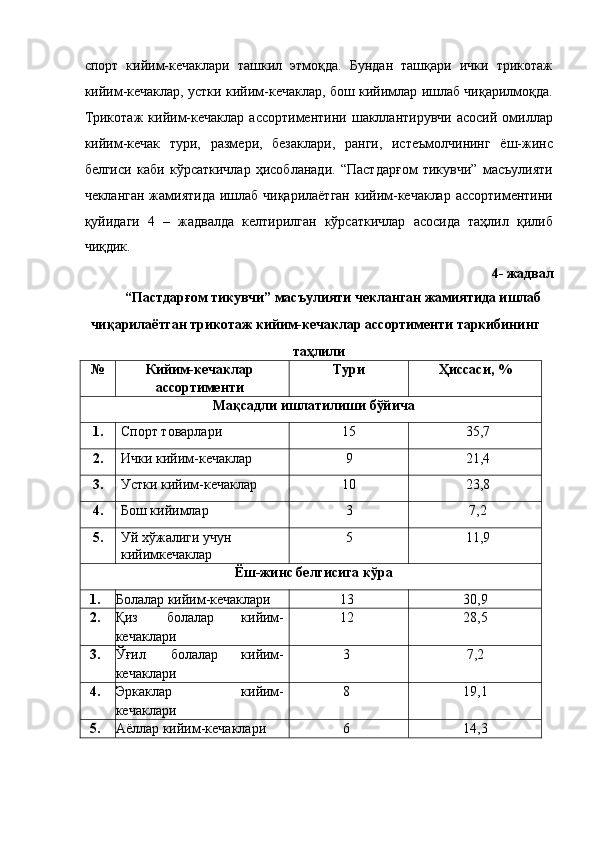 спорт   кийим-кечаклари   ташкил   этмоқда.   Бундан   ташқари   ички   трикотаж
кийим-кечаклар, устки кийим-кечаклар, бош кийимлар ишлаб чиқарилмоқда.
Трикотаж   кийим-кечаклар   ассортиментини   шакллантирувчи   асосий   омиллар
кийим-кечак   тури,   размери,   безаклари,   ранги,   истеъмолчининг   ёш-жинс
белгиси   каби   кўрсаткичлар   ҳисобланади.   “Пастдарғом   тикувчи”   масъулияти
чекланган жамиятида  ишлаб чиқарилаётган  кийим-кечаклар  ассортиментини
қуйидаги   4   –   жадвалда   келтирилган   кўрсаткичлар   асосида   таҳлил   қилиб
чиқдик. 
4- жадвал 
“Пастдарғом тикувчи” масъулияти чекланган жамиятида ишлаб 
чиқарилаётган трикотаж кийим-кечаклар ассортименти таркибининг 
таҳлили 
№  Кийим-кечаклар
ассортименти  Тури  Ҳиссаси, % 
Мақсадли ишлатилиши бўйича 
1.  Спорт товарлари  15  35,7 
2.  Ички кийим-кечаклар  9  21,4 
3.  Устки кийим-кечаклар  10  23,8 
4.  Бош кийимлар  3  7,2 
5.  Уй хўжалиги учун 
кийимкечаклар  5  11,9 
Ёш-жинс белгисига кўра 
1.  Болалар кийим-кечаклари  13  30,9 
2.  Қиз  болалар  кийим-
кечаклари  12  28,5 
3.  Ўғил  болалар  кийим-
кечаклари  3  7,2 
4.  Эркаклар  кийим-
кечаклари  8  19,1 
5.  Аёллар кийим-кечаклари  6  14,3 
  