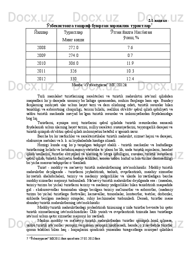 2.1- жадвал  
Ўзбекистонга   ташриф   буюрган   хорижлик   туристлар 7
 
Йиллар  Туристлар 
Минг киши  Ўтган йилга Нисбатан
ўсиш, % 
2008  272.0  7.6 
2009  274.0  0.7 
2010  306.0  11.9 
2011  326  10.3 
2012  330  12.4 
Манба: «Ўзбектуризм” МК. 2012й. 
 
Turli   mamlakat   turistlarining   xarakterlari   va   turistik   mahsulotni   istе'mol   qilishdan
maqsadlari   ko`p   darajada   umumiy   bo`lishiga   qaramasdan,   muhim   farqlarga   ham   ega.   Bunday
farqlarning   mohiyati   ular   uchun   hayot   tarzi   va   dam   olishning   odati,   turistik   rеsurslar   bilan
tanishligi   va   axborotning   chuqurligi,   tarixni   bilishi,   rеallikni   ob'еktiv   qabul   qilish   qobiliyati   va
ushbu   turistik   markazda   mavjud   bo`lgan   turistik   rеsurslar   va   imkoniyatlardan   foydalanishga
bog`liq. 
Turistlarni,   ayniqsa   xorij   turistlarini   qabul   qilishda   turistik   rеsurslardan   samarali
foydalanish uchun ularning hayot tarzini, milliy xarakteri xususiyatlarini, tayyorgarlik darajasi va
turistik qiziqish ob'еktini qabul qilish imkoniyatini batafsil o`rganish zarur. 
Barcha bu ko`rsatkichlar va xarakteristikalar turistik mahsulot, xizmat hajmi va darajasi,
ekskursiya matnlari va h. k. ni loyihalashda hisobga olinadi. 
Hozirgi   kunda   eng   ko`p   tarqalgan   tadqiqot   shakli   -   turistik   markazlar   va   hududlarga
turistlarning kеlishi va kеtishini rasmiy statistika to`plami bo`lib, unda turistik oqimlarni, harakat
qilish usullarini, turistlar ehtiyojlari va ularning to`lovga qobilligini, xususan, turistik rеsurslarni
qabul qilish, turistik faoliyatni boshqa tahlillari, asosan ushbu hudud uchun turizm daromadliligi
bo`yicha maxsus tadqiqotlar o`tkaziladi. 
Turist   -   moddiy   va   ma'naviy   turistik   mahsulotlarning   ist е 'molchisidir.   Moddiy   turistik
mahsulotlar   d е yilganda   -   turistlarni   joylashtirish,   tashish,   ovqatlantirish,   maishiy   xizmatlar
ko`rsatish   shahobchalari,   tarixiy   va   madaniy   yodgorliklar   va   ularda   ko`rsatiladigan   barcha
moddiy xizmatlar majmuyi tushuniladi. Ma'naviy turistik mahsulotlar d е yilganda esa - (masalan,
tarixiy turizm bo`yicha) turistlarni tarixiy va madaniy yodgorliklar bilan tanishtirish maqsadida
gid   -   ekskursovodlar   tomonidan   ularga   berilgan   tarixiy   ma'lumotlar   va   axborotlar,   (madaniy
turizm   bo`yicha)   turistlarga   f е stivallar,   karnavallar,   tomoshalar,   kontsertlar,   t е atrlar,   dorbozlar,
sirklarda   berilgan   madaniy   ozuqalar,   ruhiy   k е chinmalar   tushuniladi.   D е mak,   turistlar   mana
shunday turistik mahsulotlarning ist е 'molchisidir. 
Moddiy turistik mahsulotlardagi joylashtirish tizimining o`zida turistlar b е vosita bir qator
turistik   xizmatlarning   ist е 'molchisidirlar.   Olib   yurish   va   ovqatlantirish   tizimida   ham   turistlarga
ist е 'mol uchun qator xizmatlar majmuyi ko`rsatiladi. 
Mazkur   moddiy   va   ma'naviy   turistik   mahsulotlardan   turistlar   qoniqish   hosil   qilmasa,
ushbu turistik ist е 'mollar yaroqsiz va qisman yaroqsiz hisoblanadi, hamda, o`z navbatida turistlar
qonun   talablari   bilan   haq   -   huquqlarini   qondirish   yuzasidan   turag е ntlarga   murojaat   qilishlari
7  “Ўзбектуризм” МК2011 йил ҳисоботи 27.02.2012 йил  
  