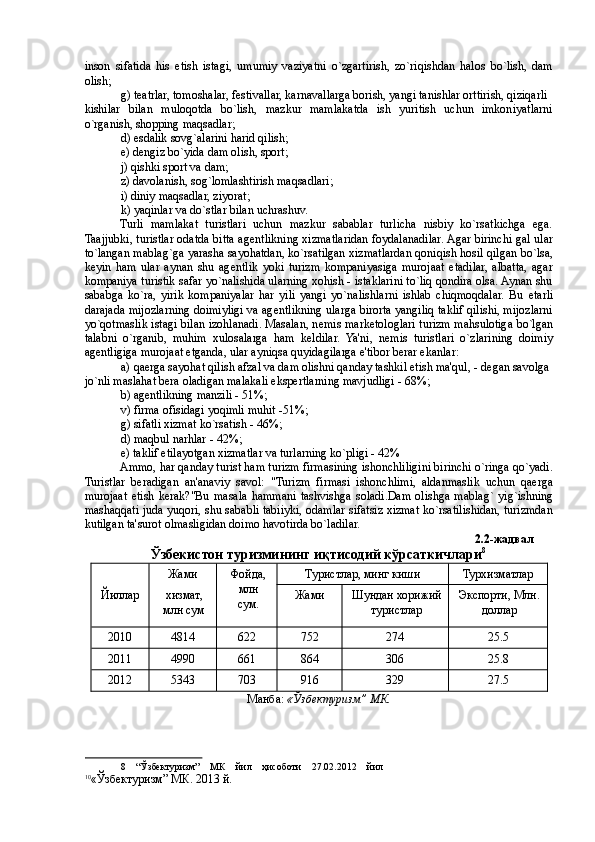 inson   sifatida   his   etish   istagi,   umumiy   vaziyatni   o`zgartirish,   zo`riqishdan   halos   bo`lish,   dam
olish; 
g) t е atrlar, tomoshalar, f е stivallar, karnavallarga borish, yangi tanishlar orttirish, qiziqarli 
kishilar   bilan   muloqotda   bo`lish,   mazkur   mamlakatda   ish   yuritish   uchun   imkoniyatlarni
o`rganish, shopping maqsadlar; 
d) esdalik sovg`alarini harid qilish; 
е ) d е ngiz bo`yida dam olish, sport; 
j) qishki sport va dam; 
z) davolanish, sog`lomlashtirish maqsadlari; 
i) diniy maqsadlar, ziyorat; 
k) yaqinlar va do`stlar bilan uchrashuv. 
Turli   mamlakat   turistlari   uchun   mazkur   sabablar   turlicha   nisbiy   ko`rsatkichga   ega.
Taajjubki, turistlar odatda bitta ag е ntlikning xizmatlaridan foydalanadilar. Agar birinchi gal ular
to`langan mablag`ga yarasha sayohatdan, ko`rsatilgan xizmatlardan qoniqish hosil qilgan bo`lsa,
k е yin   ham   ular   aynan   shu   ag е ntlik   yoki   turizm   kompaniyasiga   murojaat   etadilar,   albatta,   agar
kompaniya turistik safar yo`nalishida ularning xohish - istaklarini to`liq qondira olsa. Aynan shu
sababga   ko`ra,   yirik   kompaniyalar   har   yili   yangi   yo`nalishlarni   ishlab   chiqmoqdalar.   Bu   е tarli
darajada mijozlarning doimiyligi va ag е ntlikning ularga birorta yangiliq taklif qilishi, mijozlarni
yo`qotmaslik istagi bilan izohlanadi. Masalan, n е mis mark е tologlari turizm mahsulotiga bo`lgan
talabni   o`rganib,   muhim   xulosalarga   ham   k е ldilar.   Ya'ni,   n е mis   turistlari   o`zlarining   doimiy
ag е ntligiga murojaat etganda, ular ayniqsa quyidagilarga e'tibor berar ekanlar: 
a) qaerga sayohat qilish afzal va dam olishni qanday tashkil etish ma'qul, - d е gan savolga 
jo`nli maslahat bera oladigan malakali ekspertlarning mavjudligi - 68%; 
b) agеntlikning manzili - 51%; 
v) firma ofisidagi yoqimli muhit -51%; 
g) sifatli xizmat ko`rsatish - 46%; 
d) maqbul narhlar - 42%; 
е ) taklif etilayotgan xizmatlar va turlarning ko`pligi - 42% 
Ammo, har qanday turist ham turizm firmasining ishonchliligini birinchi o`ringa qo`yadi.
Turistlar   beradigan   an'anaviy   savol:   "Turizm   firmasi   ishonchlimi,   aldanmaslik   uchun   qaerga
murojaat   etish   kerak?"Bu   masala   hammani   tashvishga   soladi.Dam   olishga   mablag`   yig`ishning
mashaqqati juda yuqori, shu sababli tabiiyki, odamlar sifatsiz xizmat ko`rsatilishidan, turizmdan
kutilgan ta'surot olmasligidan doimo havotirda bo`ladilar. 
2.2- жадвал  
Ўзбекистон   туризмининг   иқтисодий   кўрсаткичлари 8
 
 
Йиллар  Жами 
хизмат,
млн сум  Фойда,
млн
сум.  Туристлар, минг киши  Турхизматлар 
Жами  Шундан хорижий
туристлар  Экспорти, Млн.
доллар 
2010  4814  622  752  274  25.5 
2011  4990  661  864  306  25.8 
2012  5343  703  916  329  27.5 
Манба:  «Ўзбектуризм” МК. 
 
8   “Ўзбектуризм”   МК   йил   ҳисоботи   27.02.2012   йил
10
«Ўзбектуризм” МК. 2013 й.   