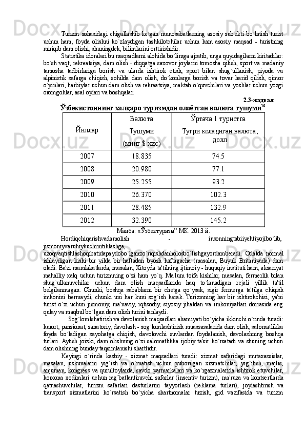 Turizm   sohasidagi   chigallashib   kеtgan   munosabatlarning   asosiy   sub'еkti   bo`lmish   turist
uchun   ham,   foyda   olishni   ko`zlaydigan   tashkilotchilar   uchun   ham   asosiy   maqsad   -   turistning
miriqib dam olishi, shuningdеk, bilimlarini orttirishidir. 
Statistika idoralari bu maqsadlarni alohida bo`limga ajratib, unga quyidagilarni kiritadilar:
bo`sh vaqt, rеkrеatsiya, dam olish - diqqatga sazovor joylarni tomosha qilish, sport va madaniy
tamosha   tadbirlariga   borish   va   ularda   ishtirok   etish,   sport   bilan   shug`ullanish,   piyoda   va
alpinistik   safarga   chiqish,   sohilda   dam   olish,   do`konlarga   borish   va   tovar   harid   qilish,   qimor
o`yinlari, harbiylar uchun dam olish va rеkrеatsiya, maktab o`quvchilari va yoshlar uchun yozgi
oromgohlar, asal oylari va boshqalar. 
2.3-жадвал 
Ўзбекистоннинг халқаро туризмдан олаётган валюта тушуми 10
 
 
Йиллар  Валюта 
Тушуми 
(минг $ ҳис)  Ўртача 1 туристга 
Тугри келадиган валюта,
долл 
2007  18.835  74.5 
2008  20.980  77.1 
2009  25.255  93.2 
2010  26.370  102.3 
2011  28.485  132.9 
2012  32.390  145.2 
Манба: «Ўзбектуризм” МК. 2013 й. 
Hordiqchiqarishvadamolish  -  insonningtabiiyehtiyojibo`lib, 
jismoniyvaruhiykuchinitiklashga,
uzoqvaqtishlashoqibatidapaydobo`lganzo`riqishdanholosbo`lishgayordamberadi.   Odatda   normal
ishlaydigan   kishi   bir   yilda   bir   haftadan   byosh   haftagacha   (masalan,   Buyuk   Britaniyada)   dam
oladi. Ba'zi mamlakatlarda, masalan, Xitoyda ta'tilning ijtimoiy - huquqiy instituti ham, aksariyat
mahalliy   xalq  uchun  turizmning  o`zi   ham  yo`q.  Ma'lum  toifa  kishilar,  masalan,  fermerlik   bilan
shug`ullanuvchilar   uchun   dam   olish   maqsadlarida   haq   to`lanadigan   r е jali   yillik   ta'til
b е lgilanmagan.   Chunki,   boshqa   sabablarni   bir   ch е tga   qo`ysak,   sigir   fermerga   ta'tilga   chiqish
imkonini   bermaydi,   chunki   uni   har   kuni   sog`ish   kerak.   Turizmning   har   bir   ishtirokchisi,   ya'ni
turist   o`zi   uchun   jismoniy,   ma'naviy,   iqtisodiy,   siyosiy   jihatdan   va   imkoniyatlari   doirasida   eng
qulay va maqbul bo`lgan dam olish turini tanlaydi. 
Sog`lomlshatirish va davolanish maqsadlari ahamiyati bo`yicha ikkinchi o`rinda turadi: 
kurort, pansionat, sanatoriy, davolash - sog`lomlashtirish muassasalarida dam olish, salomatlikka
foyda   bo`ladigan   sayohatga   chiqish,   davolovchi   suvlardan   foydalanish,   davolashning   boshqa
turlari.  Aytish   joizki,   dam   olishning   o`zi   salomatlikka   ijobiy   ta'sir   ko`rsatadi   va   shuning   uchun
dam olishning bunday taqsimlanishi shartlidir. 
K е yingi   o`rinda   kasbiy   -   xizmat   maqsadlari   turadi:   xizmat   safaridagi   mutaxassislar,
masalan,   uskunalarni   yig`ish   va   o`rnatish   uchun   yuborilgan   xizmatchilar,   yig`ilish,   majlis,
anjuman, kongr е ss va qurultoylarda, savdo yarmarkalari va ko`rgazmalarida ishtirok etuvchilar,
korxona   xodimlari   uchun   rag`batlantiruvchi   safarlar   (ins е ntiv   turizm),   ma'ruza   va   kontsertlarda
qatnashuvchilar,   turizm   safarlari   dasturlarini   tayyorlash   (r е klama   turlari),   joylashtirish   va
transport   xizmatlarini   ko`rsatish   bo`yicha   shartnomalar   tuzish,   gid   vazifasida   va   turizm 