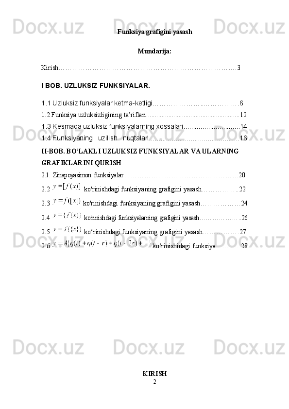 Funksiya grafigini yasash
Mundarija:
Kirish…………………………………………………………………….3
I BOB. UZLUKSIZ FUNKSIYALAR.
1.1 Uzluksiz funksiyalar kеtma-kеtligi…………………..…………….6            
1.2 Funksiya uzluksizligining ta’riflari.......................................................12         
1.3 Kesmada uzluksiz funksiyalarning xossalari..............................14         
1.4 Funksiyaning   uzilish   nuqtalari................................................16
II-BOB. BO‘LAKLI UZLUKSIZ FUNKSIYALAR VA ULARNING 
GRAFIKLARINI QURISH
2.1.  Zinapoyasimon   funksiyalar……………………………………………20
2.2    ko'rinishdagi funksiyaning grafigini yasash……………..22
2.3   ko'rinishdagi funksiyaning grafigini yasash………………24
2.4    ko'rinishdagi   funksiyalarning   grafigini   yasash………………..26
2.5     ko‘rinishdagi   funksiyaning   grafigini   yasash… ………….27
2.6  ko‘rinishidagi funksiya……..….28   
KIRISH
2 