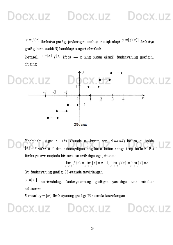 funksiya grafigi joylashgan boshqa oraliqlardagi   funksiya
grafigi ham xuddi 3) banddagi singari chiziladi.
2-misol.     (   ifoda   —   x   ning   butun   qismi)   funksiyaning   grafigini
chizing.
Yechilishi.   Agar     (bunda   n—butun   son,   )   bo‘lsa,   u   holda
  ya’ni   u     dan   oshmaydigan   eng   katta   butun   songa   teng   bo‘ladi.   Bu
funksiya x=n nuqtada birinchi tur uzilishga ega, chunki:
                                         
Bu funksiyaning grafigi 28-rasmda tasvirlangan.
  ko'rinishdagi   funksiyalarning   grafigini   yasashga   doir   misollar
kcltiramiz.
3-misol.  у = [x 2
] flinksiyaning grafigi 29-rasmda tasvirlangan.                
24 
