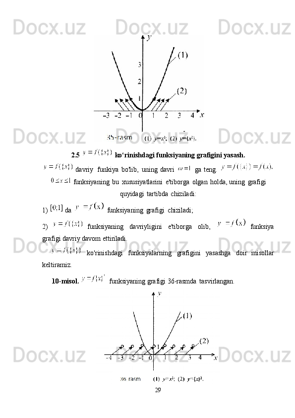 2.5     ko‘rinishdagi   funksiyaning   grafigini   yasash.  
  davriy  funkiya   bo'lib,   uning   davri     ga   teng.  
 funksiyaning   bu   xususiyatlarini   e'tiborga   olgan   holda, uning   grafigi
quyidagi   tartibda   chiziladi:
1)    da     funksiyaning   grafigi   chiziladi;
2)     funksiyaning   davriyligini   e'tiborga   olib,     funksiya
grafigi davriy davom ettiriladi.
  ko'rinishdagi   funksiyalarning   grafigini   yasashga   doir   misollar
keltiramiz.
  10-misol.      funksiyaning grafigi 36-rasmda   tasvir langan.
                        
29 