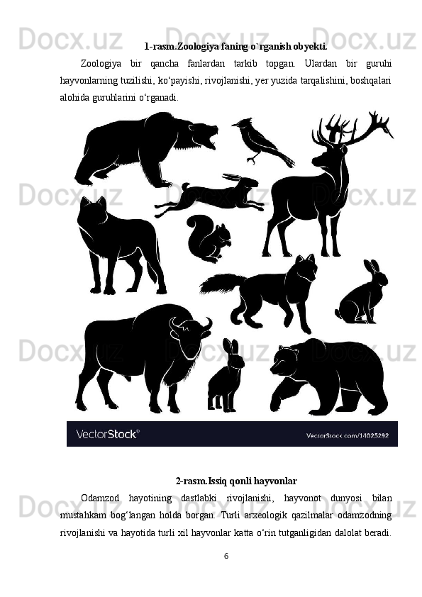 1-rasm.Zoologiya faning o`rganish obyekti.
Zoologiya   bir   qancha   fanlardan   tarkib   topgan.   Ulardan   bir   guruhi
hayvonlarning tuzilishi, ko‘payishi, rivojlanishi, yer yuzida tarqalishini, boshqalari
alohida guruhlarini o‘rganadi.
2-rasm.Issiq qonli hayvonlar
Odamzod   hayotining   dastlabki   rivojlanishi,   hayvonot   dunyosi   bilan
mustahkam   bog‘langan   holda   borgan.   Turli   arxeologik   qazilmalar   odamzodning
rivojlanishi va hayotida turli xil hayvonlar katta o‘rin tutganligidan dalolat beradi.
6 