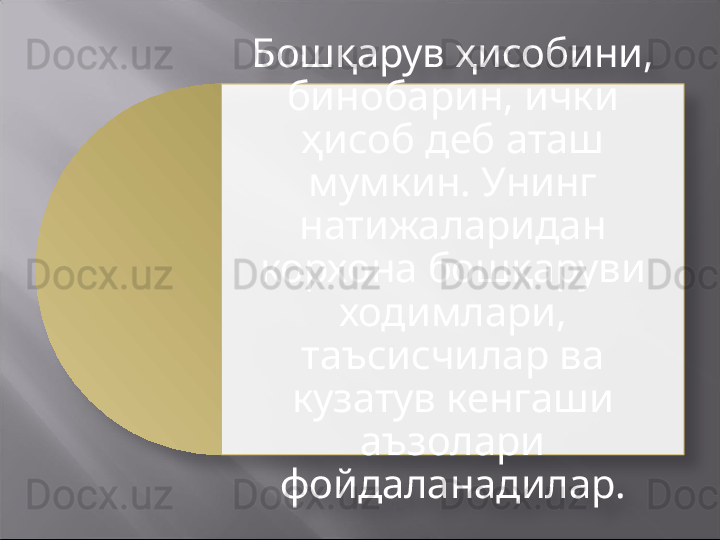 Бошқарув ҳисобини, 
бинобарин, ички 
ҳисоб деб аташ 
мумкин. Унинг 
натижаларидан 
корхона бошқаруви 
ходимлари, 
таъсисчилар ва 
кузатув кенгаши 
аъзолари 
фойдаланадилар.    