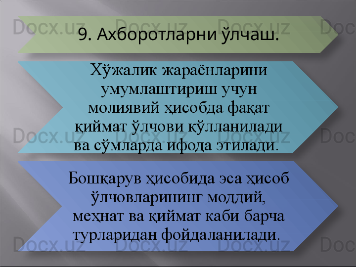 9.  Ахборотларни ўлчаш.
Хўжалик жараёнларини 
умумлаш тириш учун 
молиявий ҳисобда фақат 
қиймат ўлчови қўлланилади 
ва сўмларда ифода этилади. 
Бошқарув ҳисобида эса ҳисоб 
ўлчовларининг моддий, 
меҳнат ва қиймат каби барча 
турларидан фойдаланилади.     