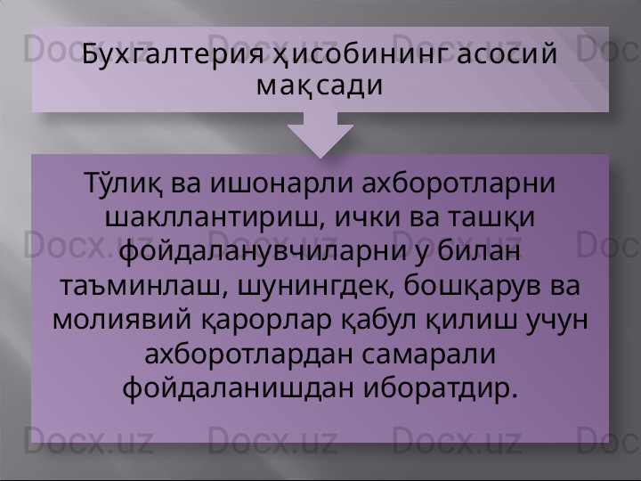 Тўлиқ ва ишонарли ахборотларни 
шакллантириш, ички ва ташқи 
фойдаланувчиларни у билан 
таъминлаш, шунингдек, бошқарув ва 
молиявий қарорлар қабул қилиш учун 
ахборотлардан самарали 
фойдаланишдан иборатдир.Бу х галтери я ҳ и соби ни нг асоси й  
м ақ сади   