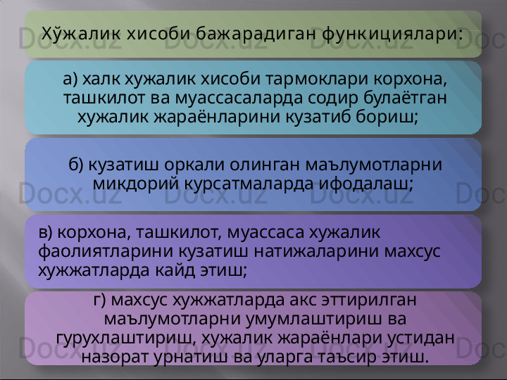 Х ў ж алик  х исоби баж арад иган  фу нк ициялари: 
а) халк хужалик хисоби тармоклари корхона, 
ташкилот ва муассасаларда содир булаётган 
хужалик жараёнларини кузатиб бори ш;
б) кузатиш оркали олинган маълумотларни 
микдорий курсатмаларда ифодалаш ;  
в) корхона, ташкилот, муассаса хужалик 
фаолиятларини кузатиш натижаларини махсус 
хужжатларда кайд этиш ;
г) махсус хужжатларда акс эттирилган 
маълумотларни умумлаштириш ва 
гурухлаштириш, хужалик жараёнлари устидан 
назорат урнатиш ва уларга таъсир этиш.      