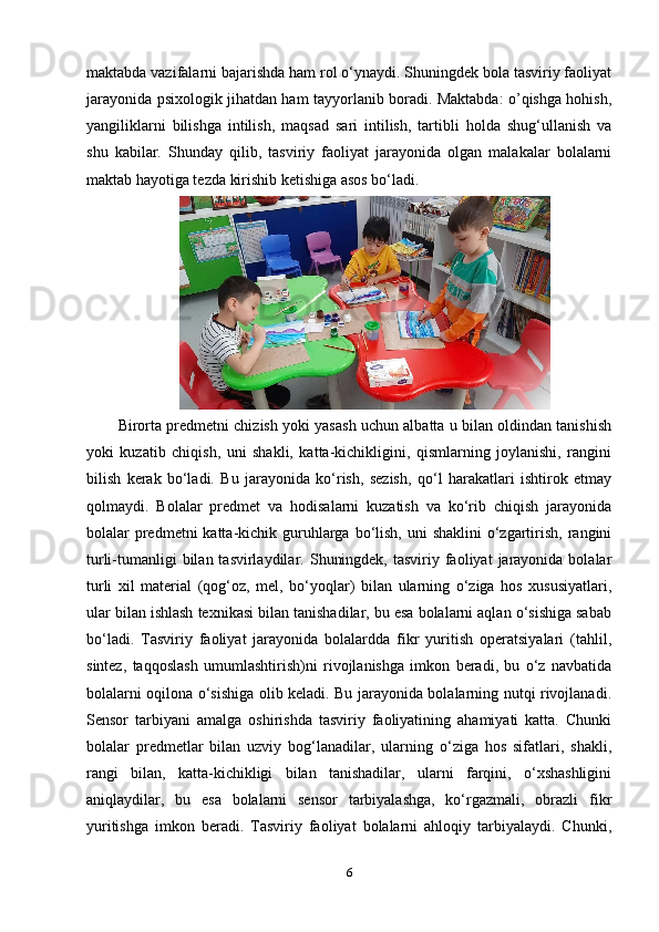 maktabda vazifalarni bajarishda ham rol o‘ynaydi. Shuningdek bola tasviriy faoliyat
jarayonida psixologik jihatdan ham tayyorlanib boradi. Maktabda: o’qishga hohish,
yangiliklarni   bilishga   intilish,   maqsad   sari   intilish,   tartibli   holda   shug‘ullanish   va
shu   kabilar.   Shunday   qilib,   tasviriy   faoliyat   jarayonida   olgan   malakalar   bolalarni
maktab hayotiga tezda kirishib ketishiga asos bo‘ladi.
Birorta predmetni chizish yoki yasash uchun albatta u bilan oldindan tanishish
yoki   kuzatib   chiqish,   uni   shakli,   katta-kichikligini,   qismlarning   joylanishi,   rangini
bilish   kerak   bo‘ladi.   Bu   jarayonida   ko‘rish,   sezish,   qo‘l   harakatlari   ishtirok   etmay
qolmaydi.   Bolalar   predmet   va   hodisalarni   kuzatish   va   ko‘rib   chiqish   jarayonida
bolalar  predmetni  katta-kichik guruhlarga bo‘lish, uni  shaklini  o‘zgartirish,  rangini
turli-tumanligi   bilan tasvirlaydilar.  Shuningdek,  tasviriy  faoliyat   jarayonida  bolalar
turli   xil   material   (qog‘oz,   mel,   bo‘yoqlar)   bilan   ularning   o‘ziga   hos   xususiyatlari,
ular bilan ishlash texnikasi bilan tanishadilar, bu esa bolalarni aqlan o‘sishiga sabab
bo‘ladi.   Tasviriy   faoliyat   jarayonida   bolalardda   fikr   yuritish   operatsiyalari   (tahlil,
sintez,   taqqoslash   umumlashtirish)ni   rivojlanishga   imkon   beradi,   bu   o‘z   navbatida
bolalarni oqilona o‘sishiga olib keladi. Bu jarayonida bolalarning nutqi rivojlanadi.
Sensor   tarbiyani   amalga   oshirishda   tasviriy   faoliyatining   ahamiyati   katta.   Chunki
bolalar   predmetlar   bilan   uzviy   bog‘lanadilar,   ularning   o‘ziga   hos   sifatlari,   shakli,
rangi   bilan,   katta-kichikligi   bilan   tanishadilar,   ularni   farqini,   o‘xshashligini
aniqlaydilar,   bu   esa   bolalarni   sensor   tarbiyalashga,   ko‘rgazmali,   obrazli   fikr
yuritishga   imkon   beradi.   Tasviriy   faoliyat   bolalarni   ahloqiy   tarbiyalaydi.   Chunki,
6 