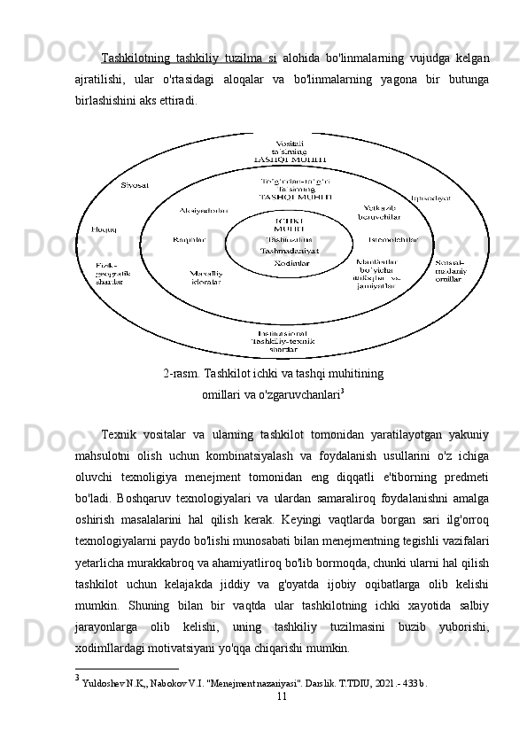 Tashkilotning   tashkiliy   tuzilma   si   alohida   bo'linmalarning   vujudga   kelgan
ajratilishi,   ular   o'rtasidagi   aloqalar   va   bo'linmalarning   yagona   bir   butunga
birlashishini aks ettiradi.
2-rasm. Tashkilot ichki va tashqi muhitining
omillari va o'zgaruvchanlari 3
Texnik   vositalar   va   ularning   tashkilot   tomonidan   yaratilayotgan   yakuniy
mahsulotni   olish   uchun   kombinatsiyalash   va   foydalanish   usullarini   o'z   ichiga
oluvchi   texnoligiya   menejment   tomonidan   eng   diqqatli   e'tiborning   predmeti
bo'ladi.   Boshqaruv   texnologiyalari   va   ulardan   samaraliroq   foydalanishni   amalga
oshirish   masalalarini   hal   qilish   kerak.   Keyingi   vaqtlarda   borgan   sari   ilg'orroq
texnologiyalarni paydo bo'lishi munosabati bilan menejmentning tegishli vazifalari
yetarlicha murakkabroq va ahamiyatliroq bo'lib bormoqda, chunki ularni hal qilish
tashkilot   uchun   kelajakda   jiddiy   va   g'oyatda   ijobiy   oqibatlarga   olib   kelishi
mumkin.   Shuning   bilan   bir   vaqtda   ular   tashkilotning   ichki   xayotida   salbiy
jarayonlarga   olib   kelishi,   uning   tashkiliy   tuzilmasini   buzib   yuborishi,
xodimllardagi motivatsiyani yo'qqa chiqarishi mumkin.
3
  Yuldoshev N.K,, Nabokov V.I. "Menejment nazariyasi". Darslik. T.TDIU, 2021.- 433 b.
11 