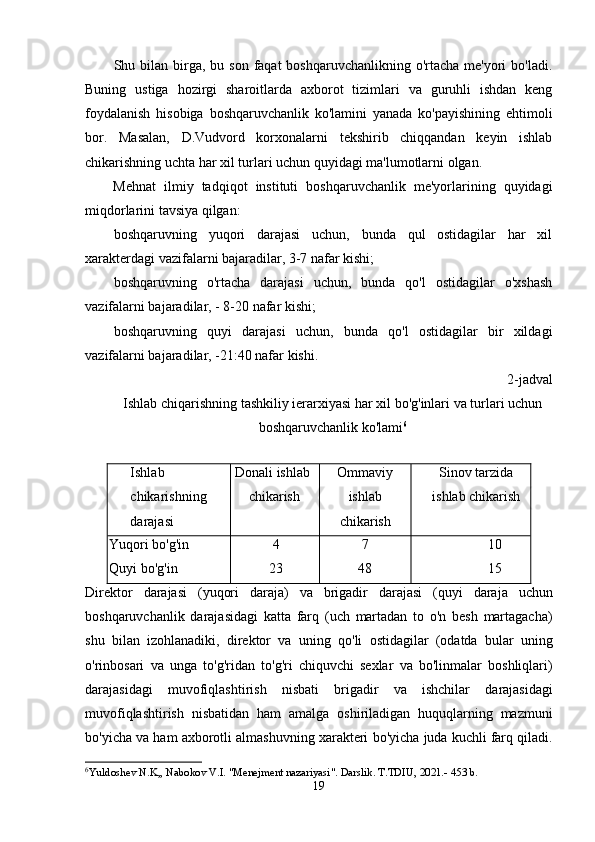 Shu bilan  birga, bu son  faqat  boshqaruvchanlikning o'rtacha me'yori  bo'ladi.
Buning   ustiga   hozirgi   sharoitlarda   axborot   tizimlari   va   guruhli   ishdan   keng
foydalanish   hisobiga   boshqaruvchanlik   ko'lamini   yanada   ko'payishining   ehtimoli
bor.   Masalan,   D.Vudvord   korxonalarni   tekshirib   chiqqandan   keyin   ishlab
chikarishning uchta har xil turlari uchun quyidagi ma'lumotlarni olgan.
Mehnat   ilmiy   tadqiqot   instituti   boshqaruvchanlik   me'yorlarining   quyidagi
miqdorlarini tavsiya qilgan:
boshqaruvning   yuqori   darajasi   uchun,   bunda   qul   ostidagilar   har   xil
xarakterdagi vazifalarni bajaradilar, 3-7 nafar kishi;
boshqaruvning   o'rtacha   darajasi   uchun,   bunda   qo'l   ostidagilar   o'xshash
vazifalarni bajaradilar, - 8-20 nafar kishi;
boshqaruvning   quyi   darajasi   uchun,   bunda   qo'l   ostidagilar   bir   xildagi
vazifalarni bajaradilar, -21:40 nafar kishi.
2-jadval
Ishlab chiqarishning tashkiliy ierarxiyasi har xil bo'g'inlari va turlari uchun
boshqaruvchanlik ko'lami 6
Ishlab 
chikarishning 
darajasi Donali ishlab
 chikarish Ommaviy
ishlab
chikarish Sinov tarzida
ishlab chikarish
Yuqori bo'g'in 
Quyi bo'g'in 4
23 7
48 10
15
Direktor   darajasi   ( yuqori   daraja )   va   brigadir   darajasi   ( quyi   daraja   uchun
boshqaruvchanlik   darajasidagi   katta   farq   ( uch   martadan   to   o ' n   besh   martagacha )
shu   bilan   izohlanadiki ,   direktor   va   uning   qo ' li   ostidagilar   ( odatda   bular   uning
o ' rinbosari   va   unga   to ' g ' ridan   to ' g ' ri   chiquvchi   sexlar   va   bo ' linmalar   boshliqlari )
darajasidagi   muvofiqlashtirish   nisbati   brigadir   va   ishchilar   darajasidagi
muvofiqlashtirish   nisbatidan   ham   amalga   oshiriladigan   huquqlarning   mazmuni
bo ' yicha   va   ham   axborotli   almashuvning   xarakteri   bo ' yicha   juda   kuchli   farq   qiladi .
6
Yuldoshev N.K,, Nabokov V.I. "Menejment nazariyasi". Darslik. T.TDIU, 2021.- 453 b.
19