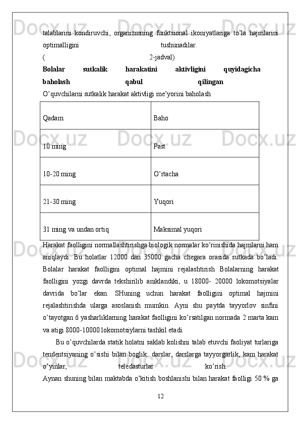 talablarini   kondiruvchi,   organizmning   funktsional   ikoniyatlariga   to’la   hajmlarini
optimalligini   tushunadilar.  
(   2-jadval)  
Bolalar   sutkalik   harakatini   aktivligini   quyidagicha  
baholash   qabul   qilingan  
O’quvchilarni sutkalik harakat aktivligi me’yorini baholash 
Qadam Baho
10 ming Past
10-20 ming O’rtacha
21-30 ming Yuqori
31 ming va undan ortiq Maksimal yuqori
Harakat faolligini normallashtirishga biologik normalar ko’rinishida hajmlarni ham
aniqlaydi.   Bu   holatlar   12000   dan   35000   gacha   chegara   orasida   sutkada   bo’ladi.
Bolalar   harakat   faolligini   optimal   hajmini   rejalashtirish   Bolalarning   harakat
faolligini   yozgi   davrda   tekshirilib   aniklandiki,   u   18000-   20000   lokomotsiyalar
davrida   bo’lar   ekan.   SHuning   uchun   harakat   faolligini   optimal   hajmini
rejalashtirishda   ularga   asoslanish   mumkin.   Ayni   shu   paytda   tayyorlov   sinfini
o’tayotgan 6 yasharliklarning harakat faolligini ko’rsatilgan normada 2 marta kam
va atigi 8000-10000 lokomotsiylarni tashkil etadi.
           Bu o’quvchilarda statik holatni saklab kolishni talab etuvchi faoliyat turlariga
tendentsiyaning   o’sishi   bilan   boglik:   darslar,   darslarga   tayyorgarlik,   kam   harakat
o’yinlar,   teledasturlar   ko’rish.  
Aynan shuning bilan maktabda o’kitish boshlanishi bilan harakat faolligi 50 % ga
12 