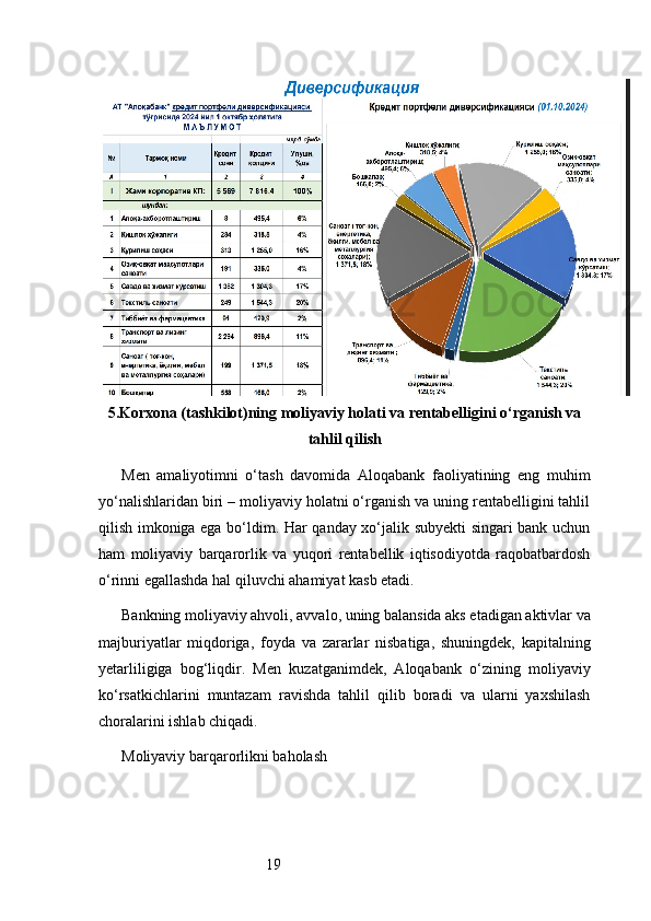 195. Korxona (tashkilot)ning moliyaviy holati va rentabelligini o‘rganish va
tahlil qilish
Men   amaliyotimni   o‘tash   davomida   Aloqabank   faoliyatining   eng   muhim
yo‘nalishlaridan biri – moliyaviy holatni o‘rganish va uning rentabelligini tahlil
qilish imkoniga ega bo‘ldim. Har qanday xo‘jalik subyekti singari bank uchun
ham   moliyaviy   barqarorlik   va   yuqori   rentabellik   iqtisodiyotda   raqobatbardosh
o‘rinni egallashda hal qiluvchi ahamiyat kasb etadi.
Bankning moliyaviy ahvoli, avvalo, uning balansida aks etadigan aktivlar va
majburiyatlar   miqdoriga,   foyda   va   zararlar   nisbatiga,   shuningdek,   kapitalning
yetarliligiga   bog‘liqdir.   Men   kuzatganimdek,   Aloqabank   o‘zining   moliyaviy
ko‘rsatkichlarini   muntazam   ravishda   tahlil   qilib   boradi   va   ularni   yaxshilash
choralarini ishlab chiqadi.
Moliyaviy barqarorlikni baholash 