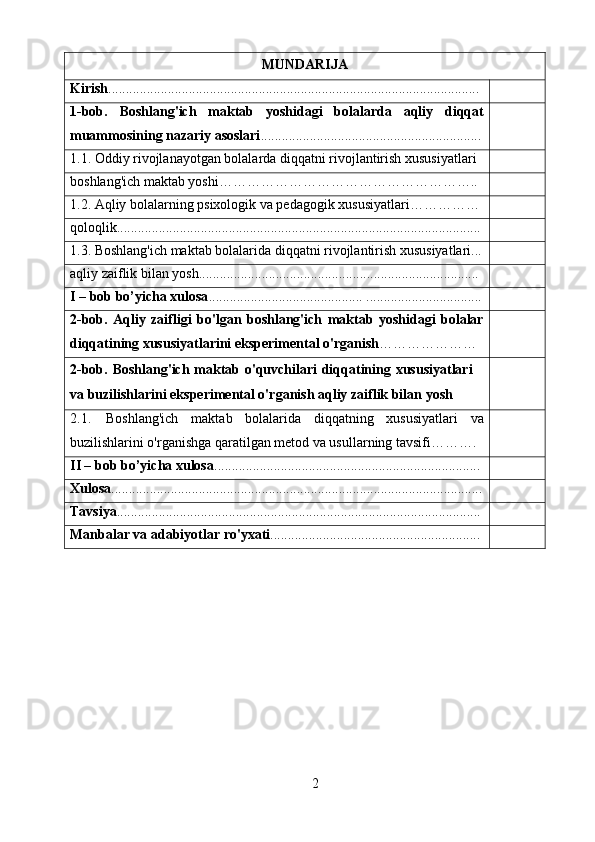 2MUNDARIJA
Kirish ................................................................... ............................. ..........
1-bob.   Boshlang'ich   maktab   yoshidagi   bolalarda   aqliy   diqqat
muammosining nazariy asoslari ...............................................................
1.1. Oddiy rivojlanayotgan bolalarda diqqatni rivojlantirish xususiyatlari
boshlang'ich maktab yoshi………………………………………………..
1.2. Aqliy bolalarning psixologik va pedagogik xususiyatlari……………
qoloqlik........................................................................................................
1.3. Boshlang'ich maktab bolalarida diqqatni rivojlantirish xususiyatlari...
aqliy zaiflik bilan yosh................................................................................
I – bob bo’yicha xulosa ............................................ .................................
2-bob.   Aqliy   zaifligi   bo'lgan   boshlang'ich   maktab   yoshidagi   bolalar
diqqatining xususiyatlarini eksperimental o'rganish …………………
2-bob. Boshlang'ich maktab o'quvchilari diqqatining xususiyatlari
va buzilishlarini eksperimental o'rganish aqliy zaiflik bilan yosh
2. 1. Boshlang'ich   maktab   bolalarida   diqqatning   xususiyatlari   va
buzilishlarini o'rganishga qaratilgan metod va usullarning tavsifi……….
II – bob bo’yicha xulosa ............................................................. ........ .......
Xulosa ..........................................................................................................
Tavsiya ........................................................................................................
Manbalar va adabiyotlar ro'yxati ............................................................ 