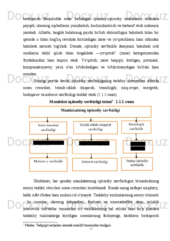 boshqarish   favqulodda   sodir   bo'ladigan   ijtimoiy-iqtisodiy   xodisalarni   oldindan
payqab, ularning oqibatlarini yumshatish, kuchsizlantirish va bartaraf etish imkonini
yaratadi.   Albatta,   tanglik   holatining   paydo   bo'lish   ehtimolligini   baholash   bilan   bir
qatorda   u   bilan   bog'liq   ravishda   ko'riladigan   zarar   va   yo'qotishlarni   ham   oldindan
baholash   zarurati   tug'iladi.   Demak,   iqtisodiy   xavfsizlik   darajasini   baholash   risk
omillarini   tahlil   qilish   bilan   birgalikda   —yo'qotish”   (zarar)   kategoriyasidan
foydalanishni   ham   taqozo   etadi.   Yo'qotish,   zarar   haqiqiy,   kutilgan,   potensial,
kompensatsiyaviy,   ya'ni   o'rni   to'ldiriladigan   va   to'ldirilmaydigan   bo'lishi   ham
mumkin.
Hozirgi   paytda   davlat   iqtisodiy   xavfsizligining   tarkibiy   elementlari   sifatida
inson   resurslari,   texnik-ishlab   chiqarish,   texnologik,   oziq-ovqat,   energetik,
boshqaruv va axborot xavfsizligi tashkil etadi (1.1.1-rasm).
Mamlakat iqtisodiy xavfsizligi tizimi 1
   1.1.1-rasm
Shubhasiz,   har   qanday   mamlakatning   iqtisodiy   xavfsizligini   ta'minlashning
asosiy tashkil etuvchisi inson resurslari hisoblanadi. Bunda uning nafaqat miqdoriy,
balki sifat ifodasi ham muhim rol o'ynaydi. Tashkiliy tuzilmalarning asosiy elementi
-   bu   insonlar,   ularning   maqsadlari,   faoliyati   va   munosabatlari   ekan,   xo'jalik
yurituvchi   sub'ektlar   tomonidan   o'z   vazifalarining   hal   etilishi   ham   ko'p   jihatdan
tashkiliy   tuzilmalarga   kiritilgan   insonlarning   faoliyatiga,   kadrlarni   boshqarish
1
 Manba: Tadqiqot natijalari asosida muallif tomonidan tuzilgan.
11 