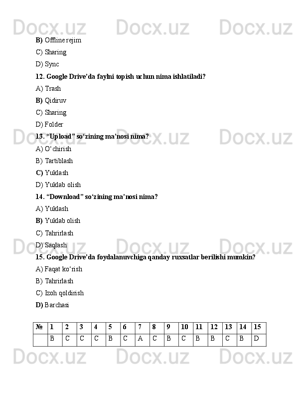 B)  Offline rejim
C) Sharing
D) Sync
12. Google Drive’da faylni topish uchun nima ishlatiladi?
A) Trash
B)  Qidiruv
C) Sharing
D) Folder
13. “Upload” so‘zining ma’nosi nima?
A) O‘chirish
B) Tartiblash
C)  Yuklash
D) Yuklab olish
14. “Download” so‘zining ma’nosi nima?
A) Yuklash
B)  Yuklab olish
C) Tahrirlash
D) Saqlash
15. Google Drive’da foydalanuvchiga qanday ruxsatlar berilishi mumkin?
A) Faqat ko‘rish
B) Tahrirlash
C) Izoh qoldirish
D)  Barchasi
№ 1 2 3 4 5 6 7 8 9 10 11 12 13 14 15
B C C C B C A C B C B B C B D 