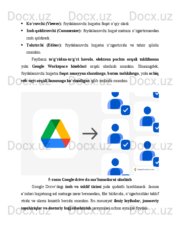  Ko‘ruvchi (Viewer):  foydalanuvchi hujjatni faqat o‘qiy oladi.
 Izoh qoldiruvchi (Commenter):  foydalanuvchi hujjat matnini o‘zgartirmasdan
izoh qoldiradi.
 Tahrirchi   (Editor):   foydalanuvchi   hujjatni   o‘zgartirishi   va   tahrir   qilishi
mumkin.
Fayllarni   to‘g‘ridan-to‘g‘ri   havola ,   elektron   pochta   orqali   taklifnoma
yoki   Google   Workspace   hisoblari   orqali   ulashish   mumkin.   Shuningdek,
foydalanuvchi hujjatni  faqat muayyan shaxslarga ,  butun tashkilotga , yoki  ochiq
veb-sayt orqali hammaga ko‘rinadigan  qilib sozlashi mumkin.
5-rasm Google drive da ma’lumotlarni ulashish
Google   Drive’dagi   izoh   va   taklif   tizimi   juda   qudratli   hisoblanadi.   Jamoa
a’zolari hujjatning asl matniga zarar bermasdan, fikr bildirishi, o‘zgartirishlar taklif
etishi   va ularni  kuzatib  borishi   mumkin.  Bu  xususiyat   ilmiy  loyihalar,  jamoaviy
topshiriqlar va dasturiy hujjatlashtirish  jarayonlari uchun ayniqsa foydali. 
