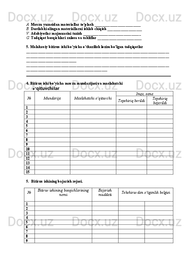 A.  Mavzu yuzasidan materiallar to’plash ________________________
B.  Dastlabki olingan materiallarni ishlab chiqish __________________
V.  Adabiyotlar majmuasini tuzish ______________________________ 
G.  Tadqiqot bosqichlari xulosa va takliflar _______________________
5. Malakaviy bitiruv ishi bo’yicha o’tkazilish lozim bo’lgan tadqiqotlar 
__________________________________________________________________________
__________________________________________________________________________
__________________________
__________________________________________________________________________
__________________________________________
4. Bitiruv ishi bo’yicha mavzu mundarijasi va maslahatchi 
 o’ qituvchilar
№ Mundarija Maslahatchi o’qituvchi Imzo, sana
Topshiriq berildi Topshiriq
bajarildi
1
2
3
4
5
6
7
8
9
10
11
12
13
14
15
5.  Bitiruv ishining bajarish rejasi.
 
№ Bitiruv ishining bosqichlarining
nomi Bajarish
muddati Tekshiruvdan o’tganlik belgisi
1
2
3
4
5
6
7
8
9 