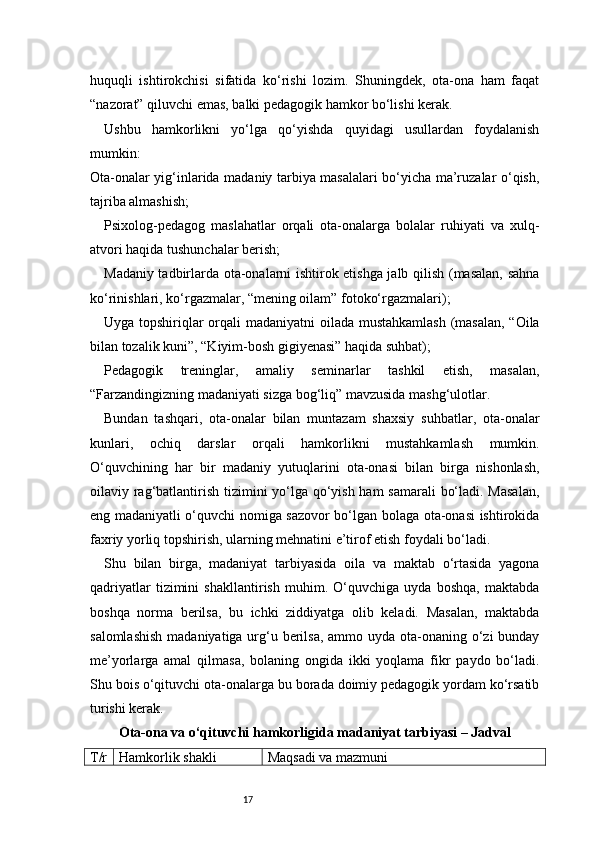 17huquqli   ishtirokchisi   sifatida   ko‘rishi   lozim.   Shuningdek,   ota-ona   ham   faqat
“nazorat” qiluvchi emas, balki pedagogik hamkor bo‘lishi kerak.
Ushbu   hamkorlikni   yo‘lga   qo‘yishda   quyidagi   usullardan   foydalanish
mumkin:
Ota-onalar yig‘inlarida madaniy tarbiya masalalari bo‘yicha ma’ruzalar o‘qish,
tajriba almashish;
Psixolog-pedagog   maslahatlar   orqali   ota-onalarga   bolalar   ruhiyati   va   xulq-
atvori haqida tushunchalar berish;
Madaniy tadbirlarda ota-onalarni ishtirok etishga jalb qilish (masalan, sahna
ko‘rinishlari, ko‘rgazmalar, “mening oilam” fotoko‘rgazmalari);
Uyga topshiriqlar orqali  madaniyatni  oilada mustahkamlash  (masalan,  “Oila
bilan tozalik kuni”, “Kiyim-bosh gigiyenasi” haqida suhbat);
Pedagogik   treninglar,   amaliy   seminarlar   tashkil   etish,   masalan,
“Farzandingizning madaniyati sizga bog‘liq” mavzusida mashg‘ulotlar.
Bundan   tashqari,   ota-onalar   bilan   muntazam   shaxsiy   suhbatlar,   ota-onalar
kunlari,   ochiq   darslar   orqali   hamkorlikni   mustahkamlash   mumkin.
O‘quvchining   har   bir   madaniy   yutuqlarini   ota-onasi   bilan   birga   nishonlash,
oilaviy rag‘batlantirish tizimini yo‘lga qo‘yish ham  samarali  bo‘ladi. Masalan,
eng madaniyatli o‘quvchi nomiga sazovor bo‘lgan bolaga ota-onasi ishtirokida
faxriy yorliq topshirish, ularning mehnatini e’tirof etish foydali bo‘ladi.
Shu   bilan   birga,   madaniyat   tarbiyasida   oila   va   maktab   o‘rtasida   yagona
qadriyatlar   tizimini   shakllantirish   muhim.   O‘quvchiga   uyda   boshqa,   maktabda
boshqa   norma   berilsa,   bu   ichki   ziddiyatga   olib   keladi.   Masalan,   maktabda
salomlashish  madaniyatiga urg‘u berilsa, ammo uyda ota-onaning o‘zi  bunday
me’yorlarga   amal   qilmasa,   bolaning   ongida   ikki   yoqlama   fikr   paydo   bo‘ladi.
Shu bois o‘qituvchi ota-onalarga bu borada doimiy pedagogik yordam ko‘rsatib
turishi kerak.
Ota-ona va o‘qituvchi hamkorligida madaniyat tarbiyasi – Jadval
T/r Hamkorlik shakli Maqsadi va mazmuni 