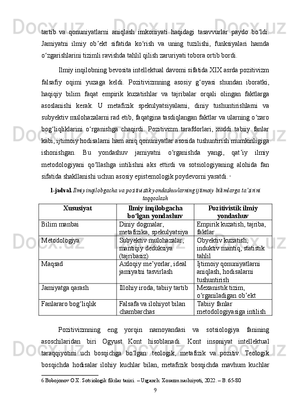 tartib   va   qonuniyatlarni   aniqlash   imkoniyati   haqidagi   tasavvurlar   paydo   bo ldi.ʻ
Jamiyatni   ilmiy   ob ekt   sifatida   ko rish   va   uning   tuzilishi,   funksiyalari   hamda	
ʼ ʻ
o zgarishlarini tizimli ravishda tahlil qilish zaruriyati tobora ortib bordi.	
ʻ
Ilmiy inqilobning bevosita intellektual davomi sifatida XIX asrda pozitivizm
falsafiy   oqimi   yuzaga   keldi.   Pozitivizmning   asosiy   g oyasi   shundan   iboratki,	
ʻ
haqiqiy   bilim   faqat   empirik   kuzatishlar   va   tajribalar   orqali   olingan   faktlarga
asoslanishi   kerak.   U   metafizik   spekulyatsiyalarni,   diniy   tushuntirishlarni   va
subyektiv mulohazalarni rad etib, faqatgina tasdiqlangan faktlar va ularning o zaro	
ʻ
bog liqliklarini   o rganishga   chaqirdi.   Pozitivizm   tarafdorlari,   xuddi   tabiiy   fanlar	
ʻ ʻ
kabi, ijtimoiy hodisalarni ham aniq qonuniyatlar asosida tushuntirish mumkinligiga
ishonishgan.   Bu   yondashuv   jamiyatni   o rganishda   yangi,   qat iy   ilmiy	
ʻ ʼ
metodologiyani   qo llashga   intilishni   aks   ettirdi   va   sotsiologiyaning   alohida   fan	
ʻ
sifatida shakllanishi uchun asosiy epistemologik poydevorni yaratdi.   6
1-jadval.   Ilmiy inqilobgacha va pozitivistik yondashuvlarning ijtimoiy bilimlarga ta sirini	
ʼ
taqqoslash
Xususiyat Ilmiy inqilobgacha
bo lgan yondashuv	
ʻ Pozitivistik ilmiy
yondashuv
Bilim manbai Diniy dogmalar, 
metafizika, spekulyatsiya Empirik kuzatish, tajriba, 
faktlar
Metodologiya Subyektiv mulohazalar, 
mantiqiy deduksiya 
(tajribasiz) Obyektiv kuzatish, 
induktiv mantiq, statistik 
tahlil
Maqsad Axloqiy me yorlar, ideal 	
ʼ
jamiyatni tasvirlash Ijtimoiy qonuniyatlarni 
aniqlash, hodisalarni 
tushuntirish
Jamiyatga qarash Illohiy iroda, tabiiy tartib Mexanistik tizim, 
o rganiladigan ob ekt	
ʻ ʼ
Fanlararo bog liqlik	
ʻ Falsafa va ilohiyot bilan 
chambarchas Tabiiy fanlar 
metodologiyasiga intilish
Pozitivizmning   eng   yorqin   namoyandasi   va   sotsiologiya   fanining
asoschilaridan   biri   Ogyust   Kont   hisoblanadi.   Kont   insoniyat   intellektual
taraqqiyotini   uch   bosqichga   bo lgan:   teologik,   metafizik   va   pozitiv.   Teologik	
ʻ
bosqichda   hodisalar   ilohiy   kuchlar   bilan,   metafizik   bosqichda   mavhum   kuchlar
6  Bobojonov O.X. Sotsiologik fikrlar tarixi. – Urganch: Xorazm nashriyoti, 2022. – B. 65-80
9 