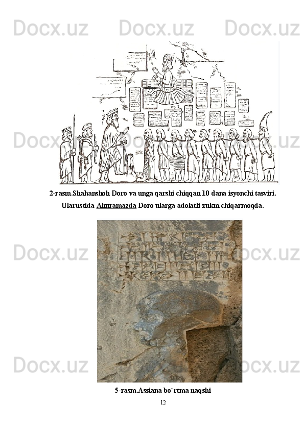 2-rasm.Shahanshoh Doro va unga qarshi chiqqan 10 dana isyonchi tasviri.
Ularustida   Ahuramazda   Doro ularga adolatli xukm chiqarmoqda.
5-rasm.Assiana bo`rtma naqshi
12 