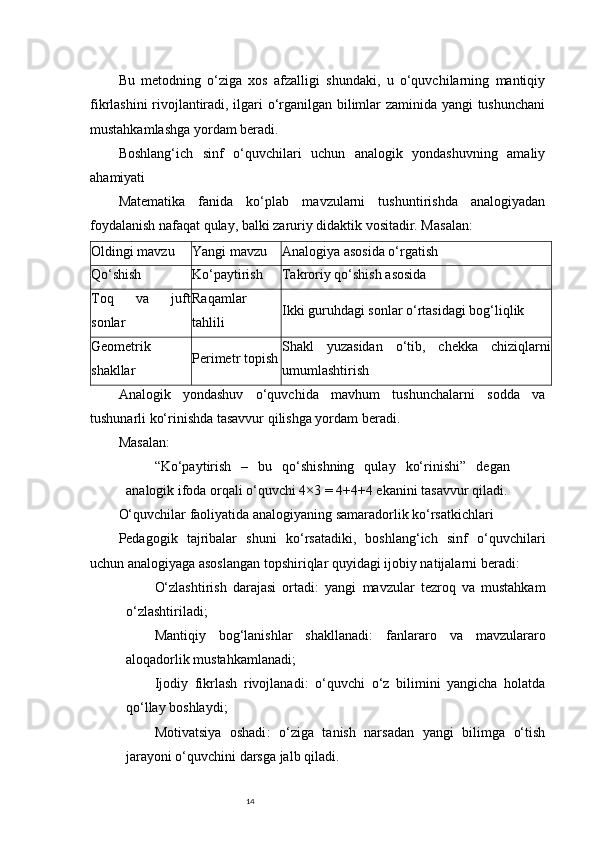 14Bu   metodning   o‘ziga   xos   afzalligi   shundaki,   u   o‘quvchilarning   mantiqiy
fikrlashini rivojlantiradi, ilgari o‘rganilgan bilimlar zaminida yangi tushunchani
mustahkamlashga yordam beradi.
Boshlang‘ich   sinf   o‘quvchilari   uchun   analogik   yondashuvning   amaliy
ahamiyati
Matematika   fanida   ko‘plab   mavzularni   tushuntirishda   analogiyadan
foydalanish nafaqat qulay, balki zaruriy didaktik vositadir. Masalan:
Oldingi mavzu Yangi mavzu Analogiya asosida o‘rgatish
Qo‘shish Ko‘paytirish Takroriy qo‘shish asosida
Toq   va   juft
sonlar Raqamlar
tahlili Ikki guruhdagi sonlar o‘rtasidagi bog‘liqlik
Geometrik
shakllar Perimetr topish Shakl   yuzasidan   o‘tib,   chekka   chiziqlarni
umumlashtirish
Analogik   yondashuv   o‘quvchida   mavhum   tushunchalarni   sodda   va
tushunarli ko‘rinishda tasavvur qilishga yordam beradi.
Masalan:
“Ko‘paytirish   –   bu   qo‘shishning   qulay   ko‘rinishi”   degan
analogik ifoda orqali o‘quvchi 4×3 = 4+4+4 ekanini tasavvur qiladi.
O‘quvchilar faoliyatida analogiyaning samaradorlik ko‘rsatkichlari
Pedagogik   tajribalar   shuni   ko‘rsatadiki,   boshlang‘ich   sinf   o‘quvchilari
uchun analogiyaga asoslangan topshiriqlar quyidagi ijobiy natijalarni beradi:
O‘zlashtirish   darajasi   ortadi :   yangi   mavzular   tezroq   va   mustahkam
o‘zlashtiriladi;
Mantiqiy   bog‘lanishlar   shakllanadi :   fanlararo   va   mavzulararo
aloqadorlik mustahkamlanadi;
Ijodiy   fikrlash   rivojlanadi :   o‘quvchi   o‘z   bilimini   yangicha   holatda
qo‘llay boshlaydi;
Motivatsiya   oshadi :   o‘ziga   tanish   narsadan   yangi   bilimga   o‘tish
jarayoni o‘quvchini darsga jalb qiladi. 