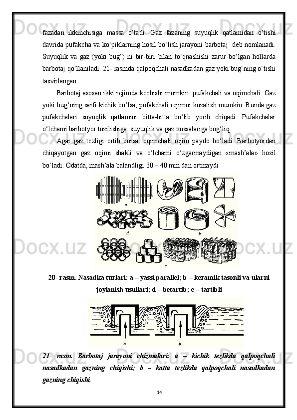 fazadan   ikkinchisiga   massa   o‘tadi.   Gaz   fazaning   suyuqlik   qatlamidan   o‘tishi
davrida pufakcha va ko‘рiklarning hosil bo‘lish jarayoni barbotaj   deb nomlanadi.
Suyuqlik   va   gaz   (yoki   bug‘)   ni   bir-biri   bilan   to‘qnashishi   zarur   bo‘lgan   hollarda
barbotaj qo‘llaniladi. 21- rasmda qalpoqchali nasadkadan gaz yoki bug‘ning o‘tishi
tasvirlangan.
Barbotaj asosan ikki rejimda kechishi mumkin: pufakchali va oqimchali. Gaz
yoki bug‘ning sarfi kichik bo‘lsa, pufakchali rejimni kuzatish mumkin. Bunda gaz
pufakchalari   suyuqlik   qatlamini   bitta-bitta   bo‘lib   yorib   chiqadi.   Pufakchalar
o‘lchami barbotyor tuzilishiga, suyuqlik va gaz xossalariga bog‘liq.
Agar   gaz   tezligi   ortib   borsa,   oqimchali   rejim   paydo   bo‘ladi.   Barbotyordan
chiqayotgan   gaz   oqimi   shakli   va   o‘lchami   o‘zgarmaydigan   «mash’ala»   hosil
bo‘ladi. Odatda, mash’ala balandligi 30 – 40 mm dan ortmaydi 
20- rasm. Nasadka turlari: a – yassi parallel; b – keramik tasonli va ularni
joylanish usullari; d – betartib; e – tartibli
21-   rasm.   Barbotaj   jarayoni   chizmalari:   a   –   kichik   tezlikda   qalpoqchali
nasadkadan   gazning   chiqishi;   b   –   katta   tezlikda   qalpoqchali   nasadkadan
gazning   chiqishi .
14 