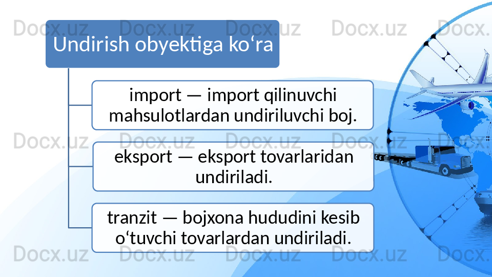 Undirish obyektiga ko‘ra
import — import qilinuvchi 
mahsulotlardan undiriluvchi boj.
eksport — eksport tovarlaridan 
undiriladi.
tranzit — bojxona hududini kesib 
o‘tuvchi tovarlardan undiriladi.    