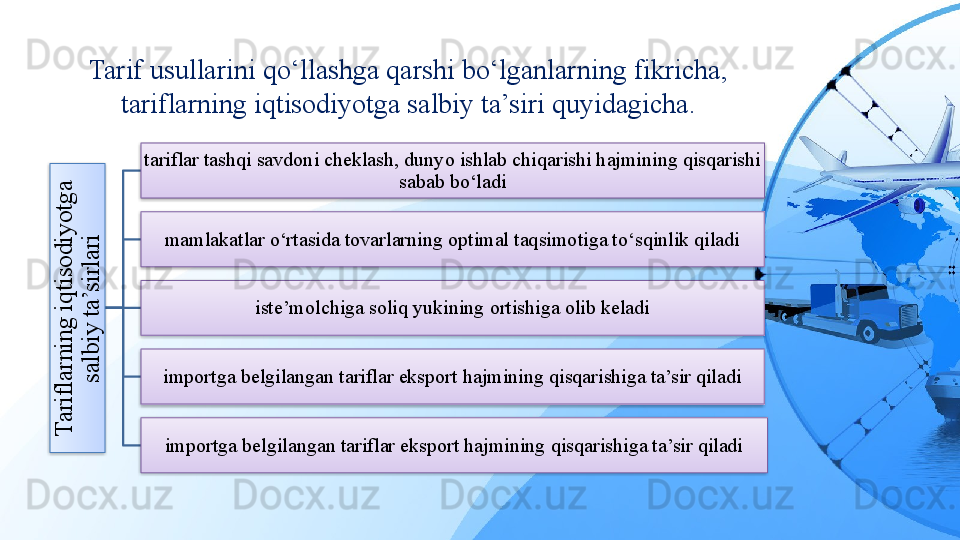 Tarif usullarini qo‘llashga qarshi bo‘lganlarning fikricha, 
tariflarning iqtisodiyotga salbiy ta’siri quyidagicha.T
a
rifla
rn
in
g
 iq
tiso
d
iy
o
tg
a
 	
sa
lb
iy
 ta
’sirla
ri
tariflar tashqi savdoni cheklash, dunyo ishlab chiqarishi hajmining qisqarishi 
sabab bo‘ladi
mamlakatlar o‘rtasida tovarlarning optimal taqsimotiga to‘sqinlik qiladi
iste’molchiga soliq yukining ortishiga olib keladi
importga belgilangan tariflar eksport hajmining qisqarishiga ta’sir qiladi
importga belgilangan tariflar eksport hajmining qisqarishiga ta’sir qiladi       