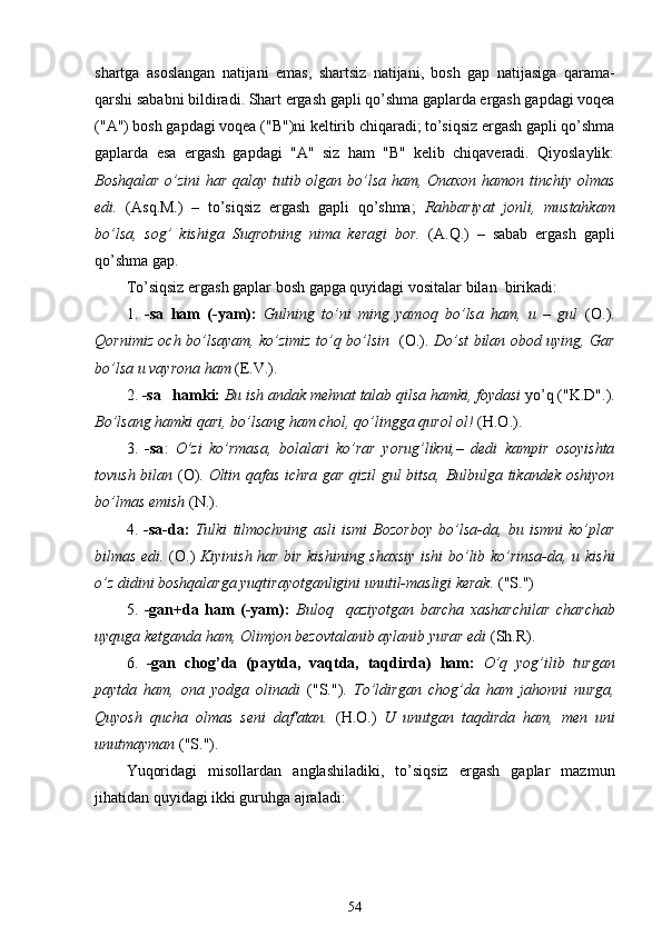 shartga   asoslangan   natijani   emas,   shartsiz   natijani,   bosh   gap   natijasiga   qarama-
qarshi sababni bildiradi. Shart ergash gapli qo’shma gaplarda ergash gapdagi voqea
("A") bosh gapdagi voqea ("B")ni keltirib chiqaradi; to’siqsiz ergash gapli qo’shma
gaplarda   esa   ergash   gapdagi   "A"   siz   ham   "B"   kelib   chiqaveradi.   Qiyoslaylik:
Boshqalar  o’zini  har qalay tutib olgan bo’lsa ham, Onaxon hamon tinchiy olmas
edi.   (Asq.M.)   –   to’siqsiz   ergash   gapli   qo’shma;   Rahbariyat   jonli,   mustahkam
bo’lsa,   sog’   kishiga   Suqrotning   nima   keragi   bor.   (A.Q.)   –   sabab   ergash   gapli
qo’shma gap.
To’siqsiz ergash gaplar bosh gapga quyidagi vositalar bilan  birikadi:
1.   -sa   ham   (-yam):   Gulning   to’ni   ming   yamoq   bo’lsa   ham,   u   –   gul   (O.).
Qornimiz och bo’lsayam, ko’zimiz to’q bo’lsin    (O.).   Do’st bilan obod uying, Gar
bo’lsa  u  vayrona ham  (E.V.).
2.  -sa   hamki:  Bu ish andak mehnat talab qilsa hamki, foydasi  yo’q ("K.D".).
Bo’lsang hamki qari, bo’lsang ham chol, qo’lingga qurol ol!   (H.O.).
3.   -sa :   O’zi   ko’rmasa,   bolalari   ko’rar   yorug’likni,–   dedi   kampir   osoyishta
tovush bilan   (O).   Oltin qafas ichra gar qizil gul bitsa, Bulbulga tikandek oshiyon
bo’lmas emish  (N.).
4.   -sa-da:   Tulki   tilmochning   asli   ismi   Bozorboy   bo’lsa-da,   bu   ismni   ko’plar
bilmas edi.   (O.)   Kiyinish har bir kishining shaxsiy ishi bo’lib ko’rinsa-da, u kishi
o’z didini boshqalarga yuqtirayotganligini unutil-masligi kerak.  ("S.")
5.   - gan + da   ham   (-yam):   Buloq     qaziyotgan   barcha   xasharchilar   charchab
uyquga ketganda ham, Olimjon bezovtalanib aylanib yurar edi  (Sh.R).
6.   -gan   chog’da   (paytda,   vaqtda,   taqdirda)   ham :   O’q   yog’ilib   turgan
paytda   ham,   ona   yodga   olinadi   ("S.").   To’ldirgan   chog’da   ham   jahonni   nurga,
Quyosh   qucha   olmas   seni   daf'atan.   (H.O.)   U   unutgan   taqdirda   ham,   men   uni
unutmayman  ("S.").
Yuqoridagi   misollardan   anglashiladiki,   to’siqsiz   ergash   gaplar   mazmun
jihatidan quyidagi ikki guruhga ajraladi:
54 