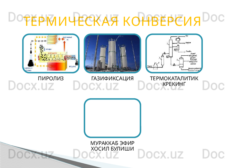 ТЕРМИЧЕСК А Я КОНВЕРСИЯ
ПИРОЛИЗ ГАЗИФИКСАЦИЯ ТЕРМОКАТАЛИТИК 
КРЕКИНГ
МУРАККАБ ЭФИР 
ХОСИЛ БУЛИШИ     