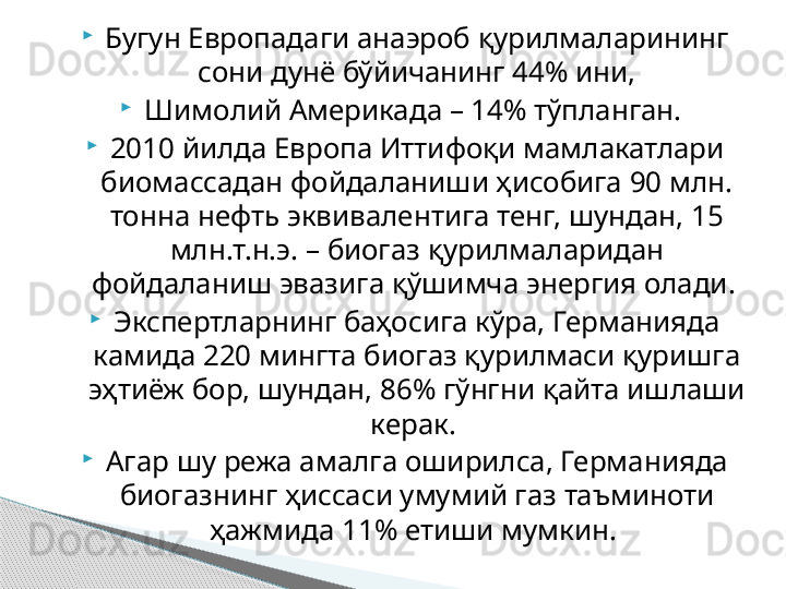 
Бугун Европадаги анаэроб қурилмаларининг 
сони дунё бўйичанинг 44% ини,

Шимолий Америкада – 14% тўпланган. 

2010 йилда Европа Иттифоқи мамлакатлари 
биомассадан фойдаланиши ҳисобига 90 млн. 
тонна нефть эквивалентига тенг, шундан, 15 
млн.т.н.э. – биогаз қурилмаларидан 
фойдаланиш эвазига қўшимча энергия олади. 

Экспертларнинг баҳосига кўра, Германияда 
камида 220 мингта биогаз қурилмаси қуришга 
эҳтиёж бор, шундан, 86% гўнгни қайта ишлаши 
керак. 

Агар шу режа амалга оширилса, Германияда 
биогазнинг ҳиссаси умумий газ таъминоти 
ҳажмида 11% етиши мумкин.      